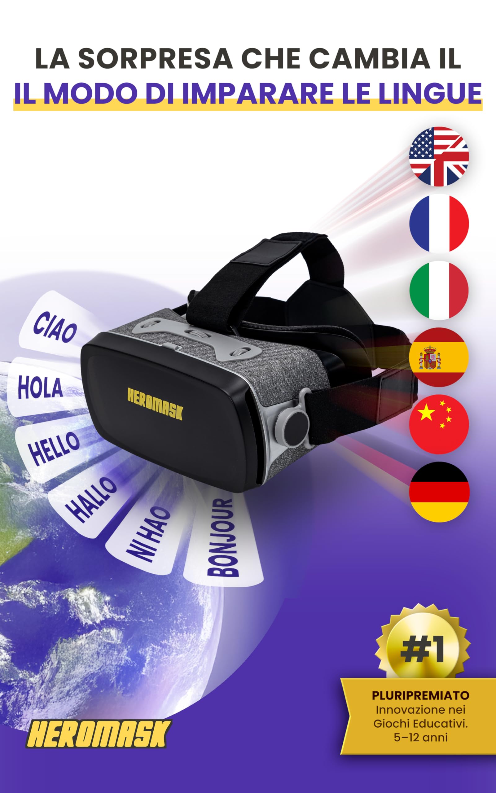 Heromask Visore VR + Giochi Lingue (Regalo Originale 5-12 Anni) — "Posso giocare ancora?": imparano Inglese, Spagnolo, Cinese e altri con avventure Realtà Virtuale [Occhiali 3D Giocattolo Educativo