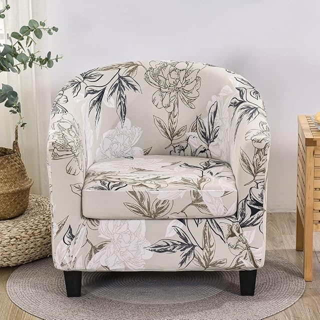 Highdi 2 Piece Classic Floral Tub Chair Cover Armchair Slipcovers with Cushion Cover Stretch Spandex Removable Washable Tub Chair Protector for Club Living Room Reception (White Flower)