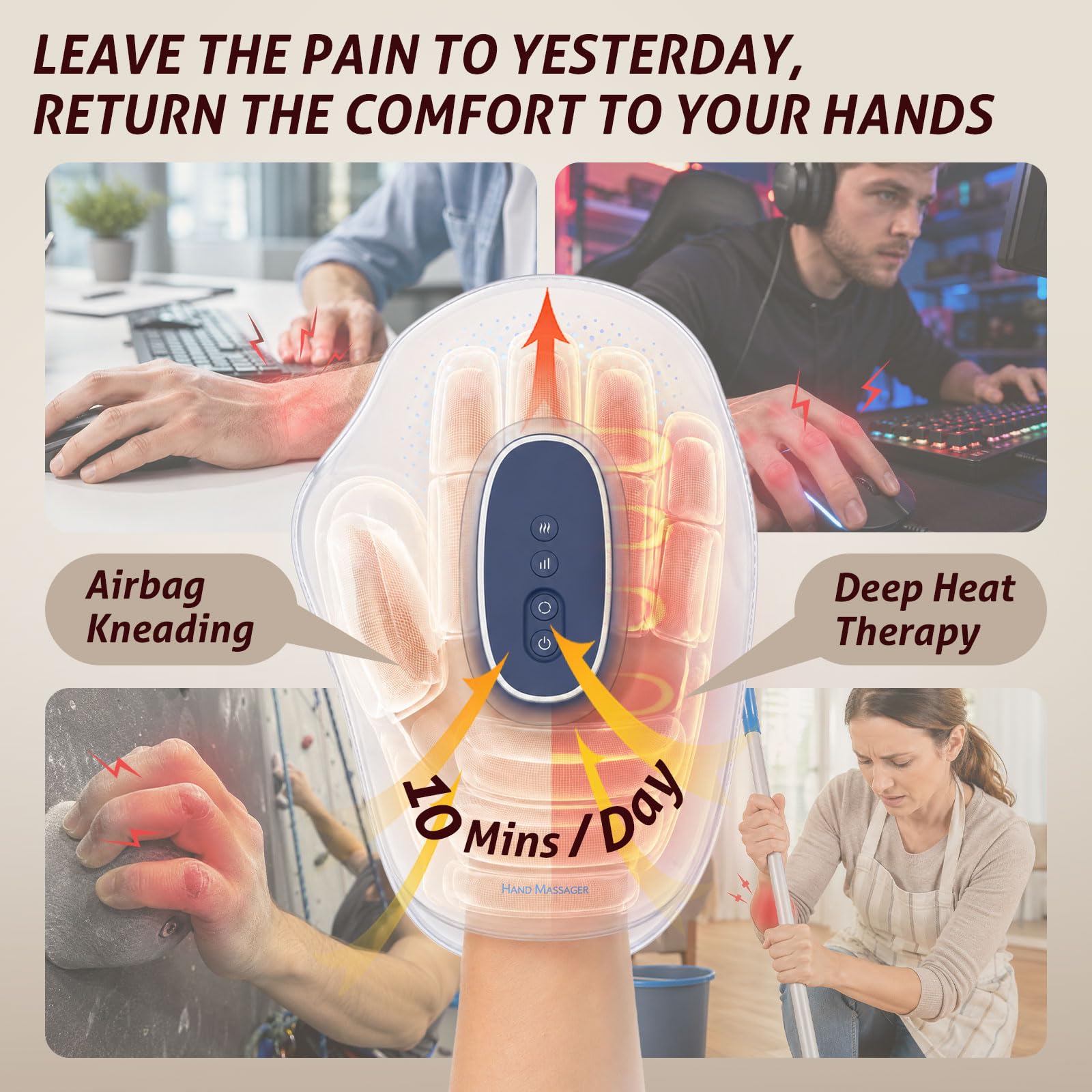 Handmassagegerät mit Wärme und Luftkompression, kabellos für Finger, Handfläche und Handgelenk, 3 Modi, 5 Intensitätsstufen, 3 Wärmestufen, für Büro, Gaming und Alltag