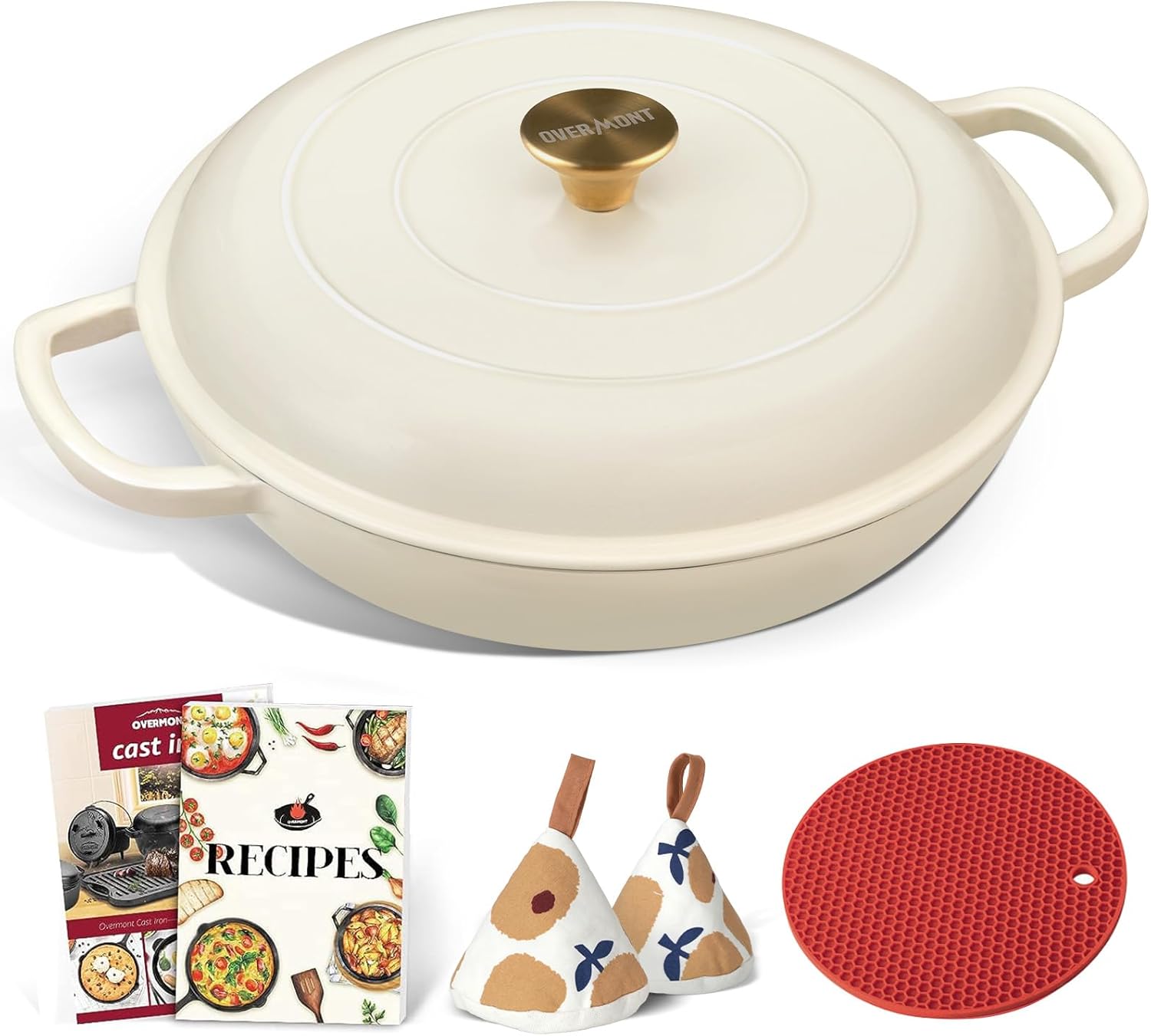 Overmont 5.5QTEnameled Dutch Oven White+ 3.8QT Braiser White Bundle