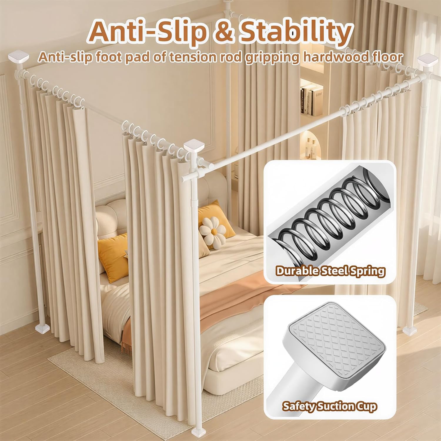 Room Divider No Drilling Curtain Rod Wall Divider for Room Separation, 4-10ft(H) 28-209inch(W) Adjustable Temporary Privacy Wall Divider, Heavy Duty Partition Separator Freestanding Tension, White