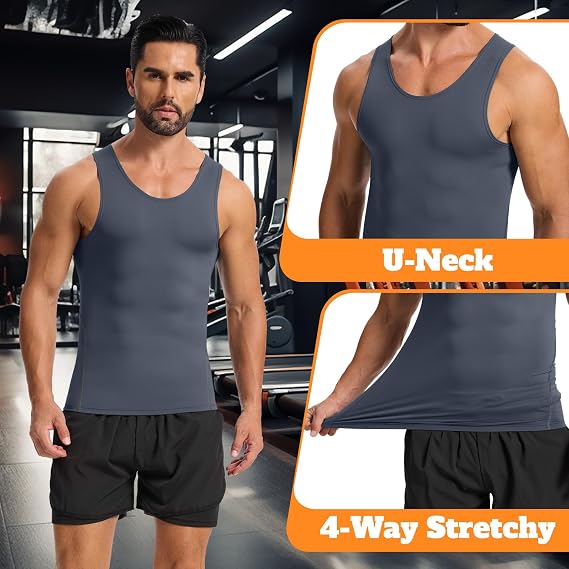 Cutecrop 3 Pack Compression Tank Top Men, Shapewear Shirt Sleeveless Men Slimming Muscle Undershirt for Gym