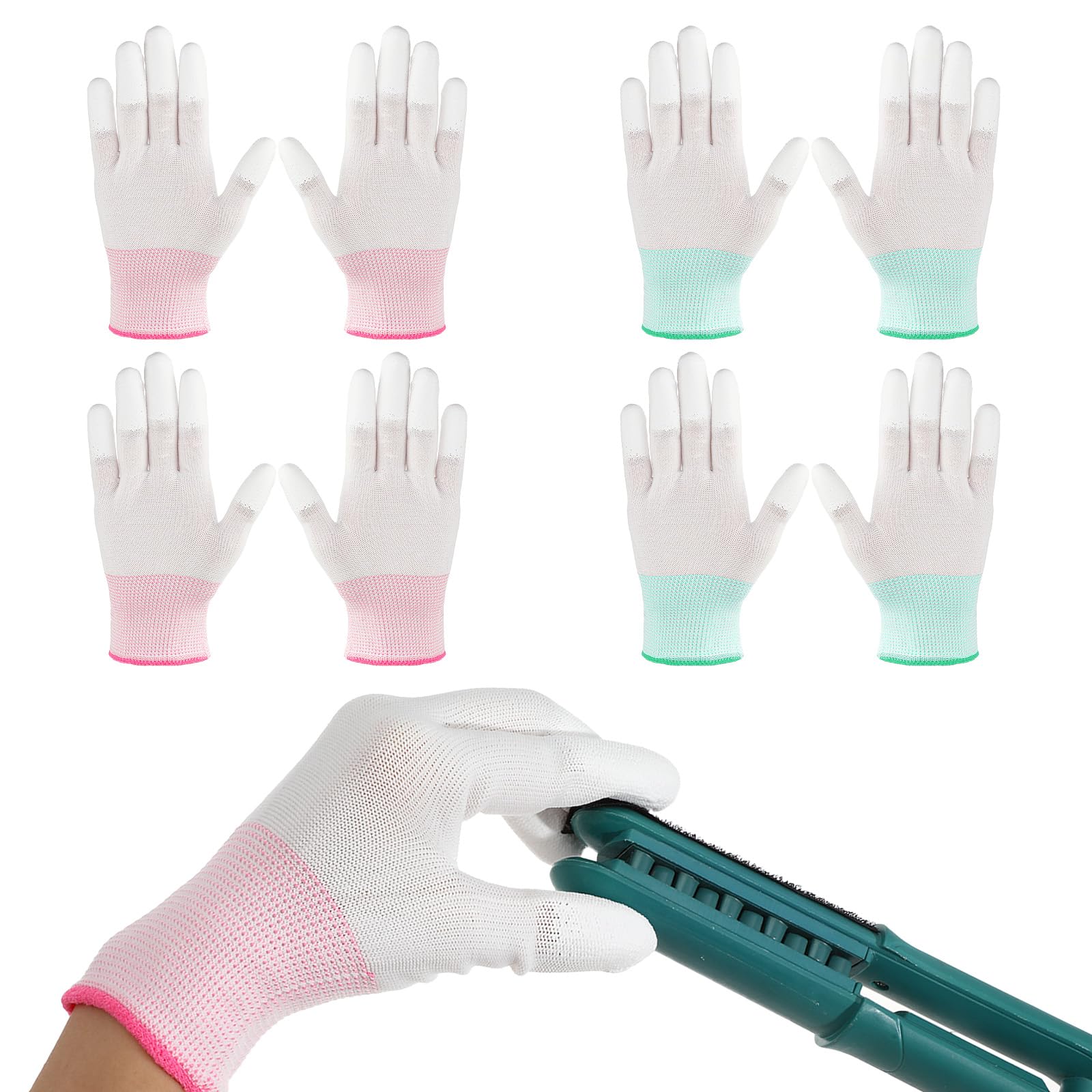 Tucnoeu 4 Pairs Heat Gloves for Hair Styling - Heat Resistant Gloves for Curling Iron &amp; Wand, Nylon + PU, Green &amp; Pink