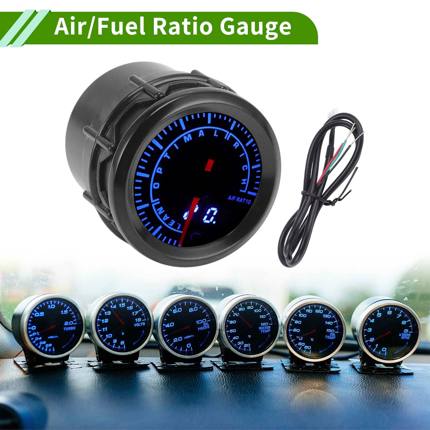 Air/Fuel Ratio Gauge 2" 52mm AFR Controller Gauge Colorful Pointer,LED Digital Display Car Vehicle Automotive Universal Black Black White