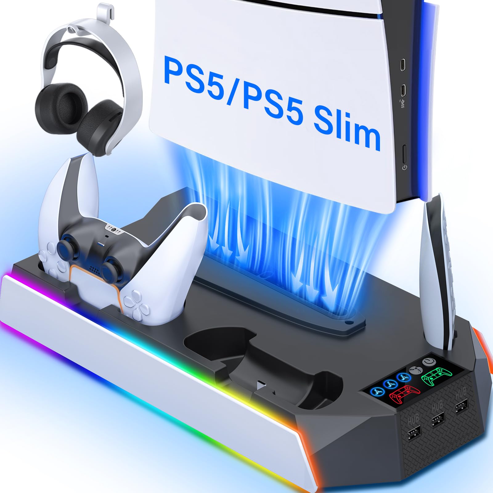 ZRZLMVP PS5/Slim/Pro Controller Stazione di ricarica per console Playstation 5 Disc/Digital, accessori PS5 con luce RGB, stazione di ricarica del controller, bianco e nero