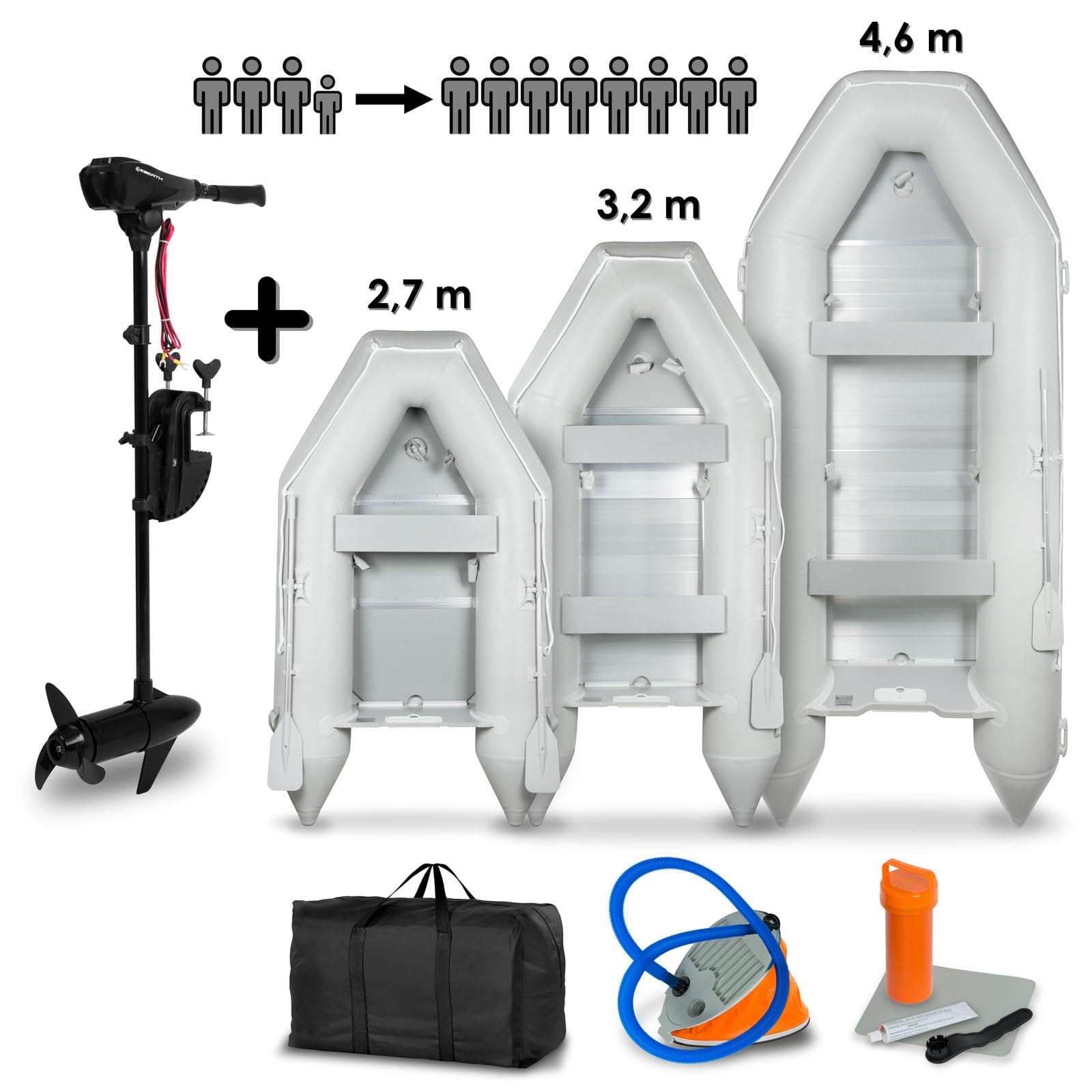 EBERTH Schlauchboot mit Motor, 3-8 Personen, 50-86 LBS Schubkraft, Führerscheinfrei, Angelboot mit Elektro Außenborder, Sitzbänke, Festrumpf, Außenbordmotor, 2xPaddel, Pumpe, Reparaturkit, Tasche