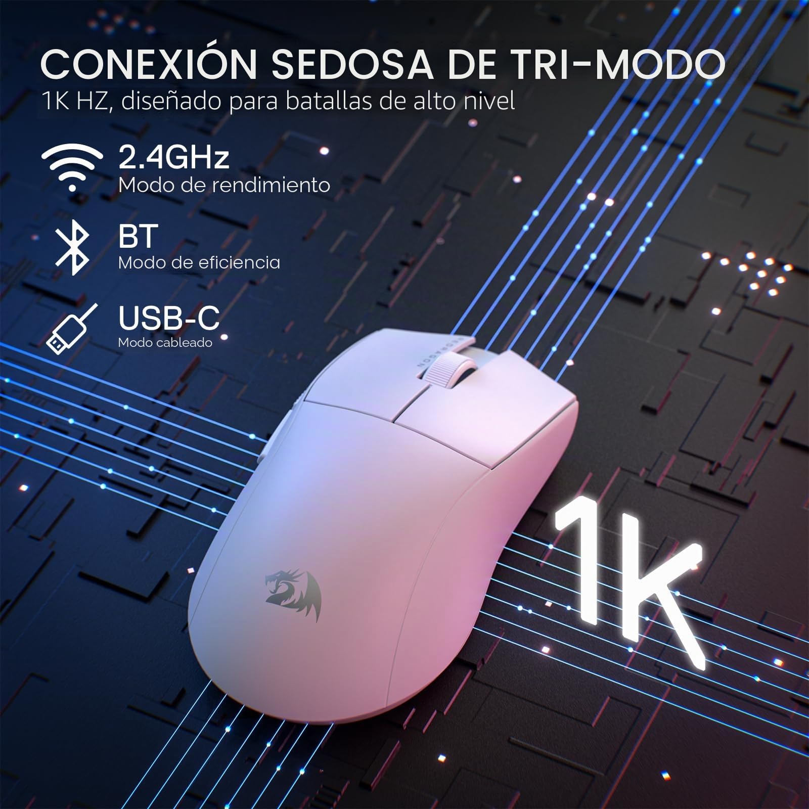 Redragon M916 PRO - Ratón inalámbrico para juegos (3 modos, 49 G, ultraligero, 26 K DPI, mango ergonómico, teclas programables, software compatible)
