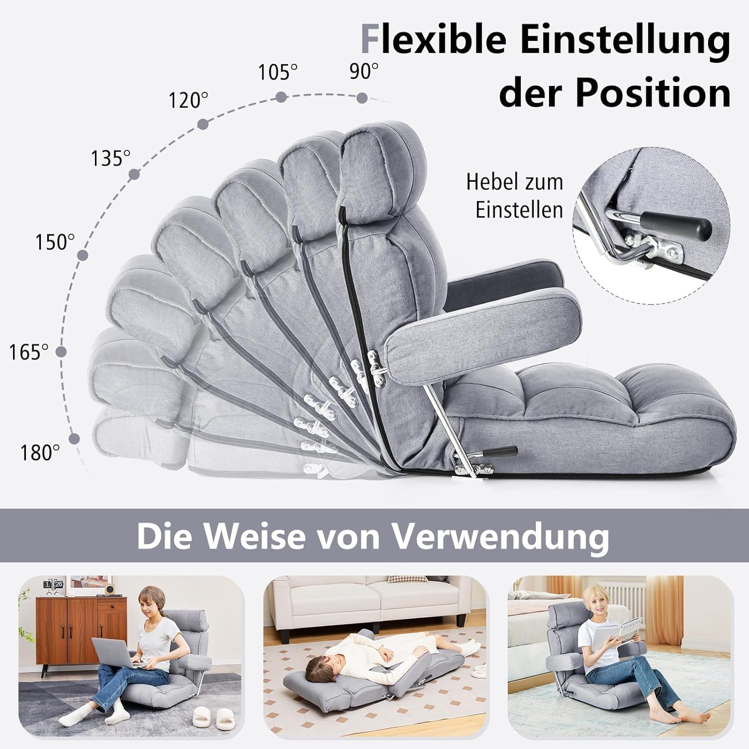 Sedia Da Pavimento Girevole FANTASK A 360° - Divano Pieghevole Con Schienale Regolabile In 5 Posizioni, Struttura In Metallo Portata 136 Kg, Morbida Imbottitura, Per Leggere, TV, Relax, Colore Marrone - 6