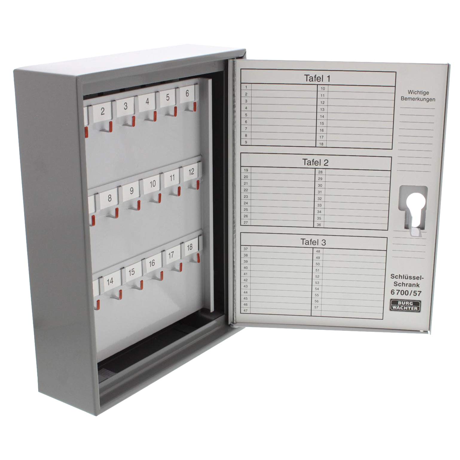 Burg-Wächter Schlüsselschrank zur Wandmontage, vorgerichtet für Profil-Halbzylinder (Normallänge), ohne Zylinder, 57 Haken, Türanschlag rechts, Stahlblech, 6700/57 R V-PZ, Dunkelgrau/Hellgrau