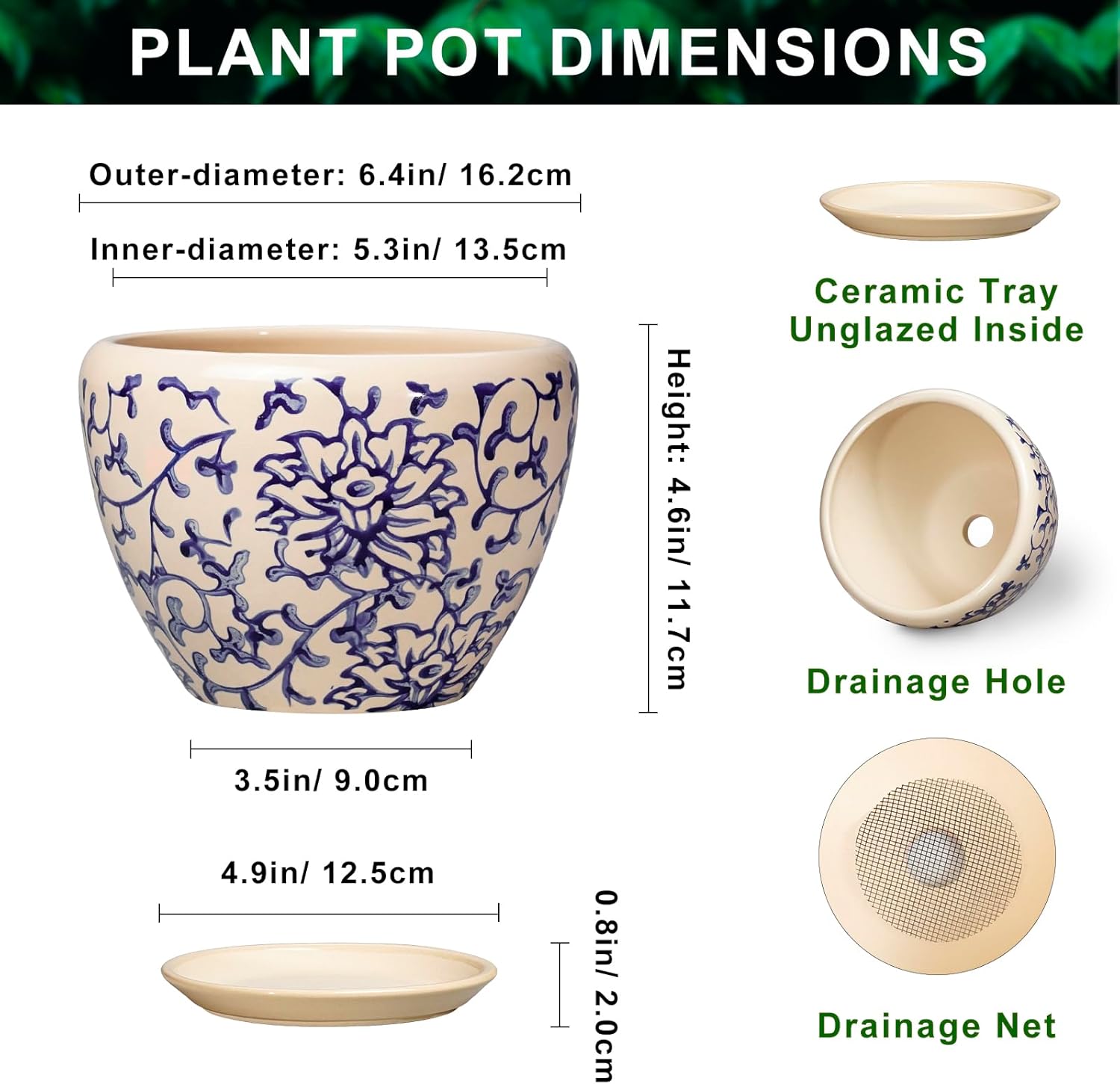 6 Inch Plant Pot - Ceramic Planters for Succulent Snake Plants, Round Pots for Plants with Drainage Hole and Saucer, Indoor Flower Pots, Living Room Decor, Gardening Gifts, Retro Blue