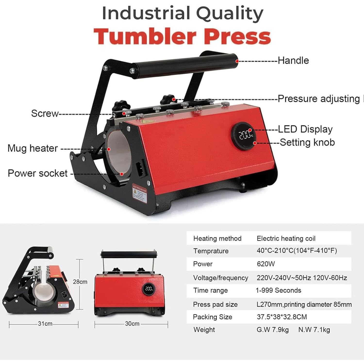 Pressa Manuale Per Tazze a Sublimazione, Pressa Per Tumbler Da 11 Once ~ 30 Once Con Display LED E Manopola Di Regolazione Della Pressione, Alta Potenza 620 W Per Diversi Tipi Di Tazze E Tazzine