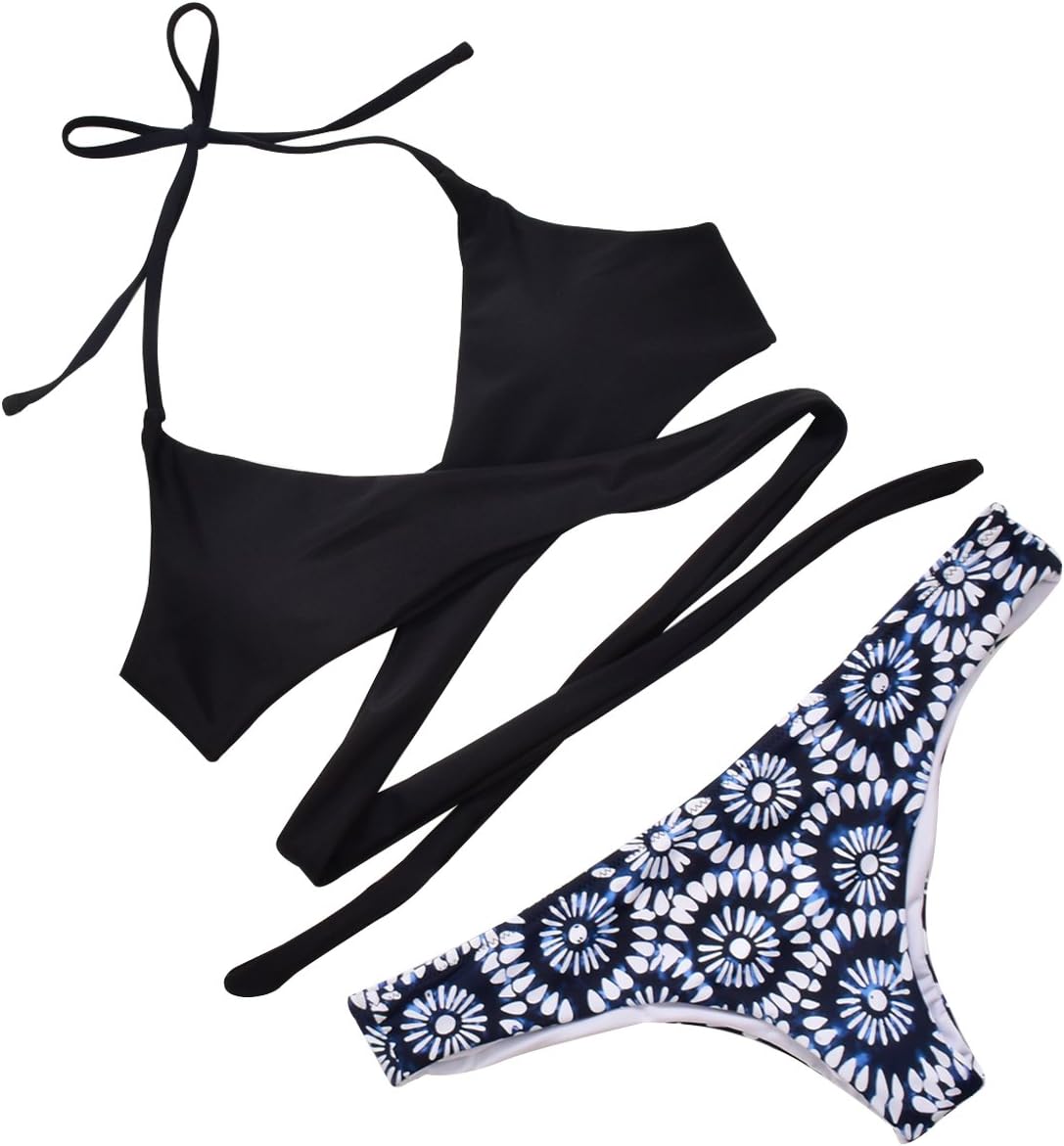 W YOU DI AN Women's Criss Cross Bandage Printed Bikini Set Bathing Suit