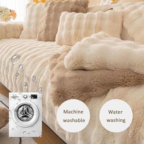 Miniatura 7 de JIUYEKEW Cojín grueso de felpa de conejo para sofá, fundas de cojín esponjosas para sofá, protector de muebles, funda de sofá antideslizante de piel