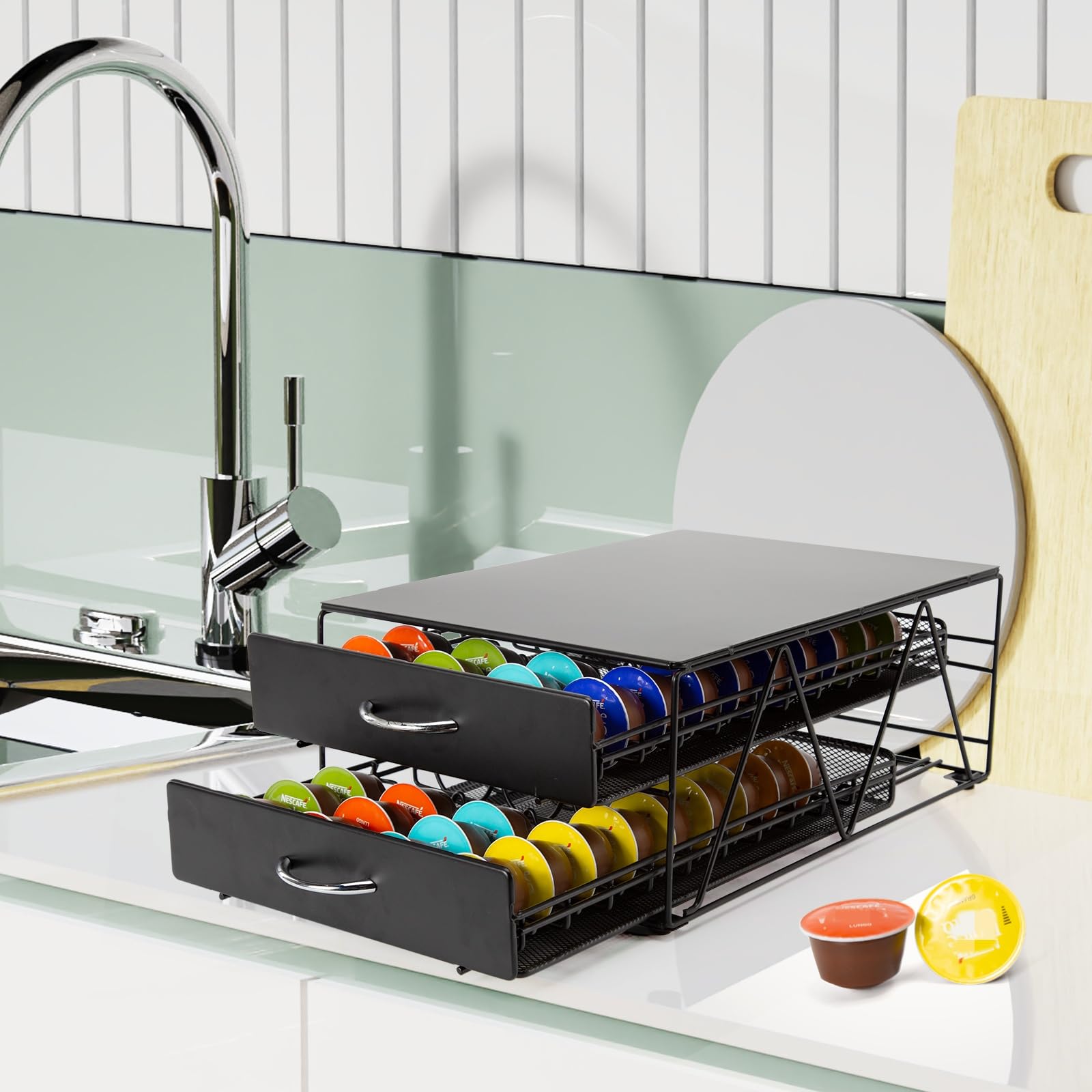 Cassetto per capsules, Porta Cialde Caffè con 2 Cassetti in metallo,Compatibile con Lavazza Mio,Dolce Gusto,Caffitaly,Vertuo capsules,Capacità: 80 capsules.