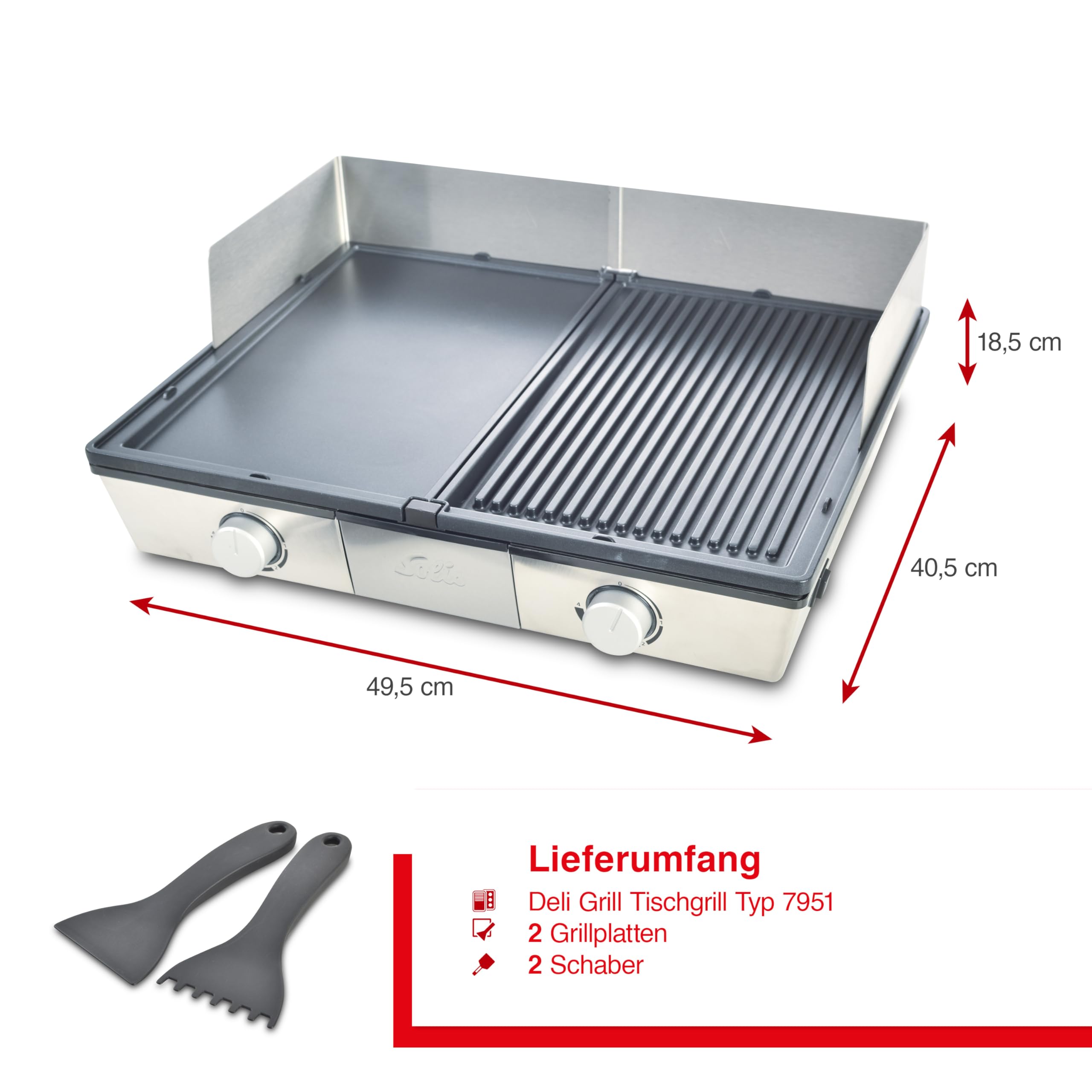 Solis Deli Grill 7951 - Elektrogrill - Grill Inklusive Spritzschutz und 2 Spachteln - Tischgrill Elektrisch - Edelstahl | 2200 W, Fettablauf und Auffangschale, Abnehmbare Grillplatten, Spritzschutz, Für Balkon, Garten und Küche