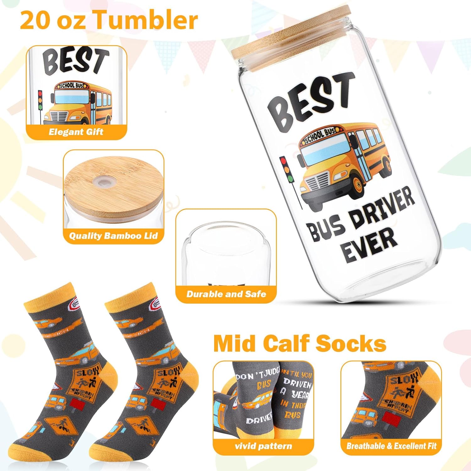 Sieral 4 Pcs School Bus Driver Appreciation Gifts for Women Men 16 oz Glass Cups Socks Zipper Canvas Bag Keychain Bus Driver Gifts for Christmas Thanksgiving Retirement Birthday Gift - Image 4