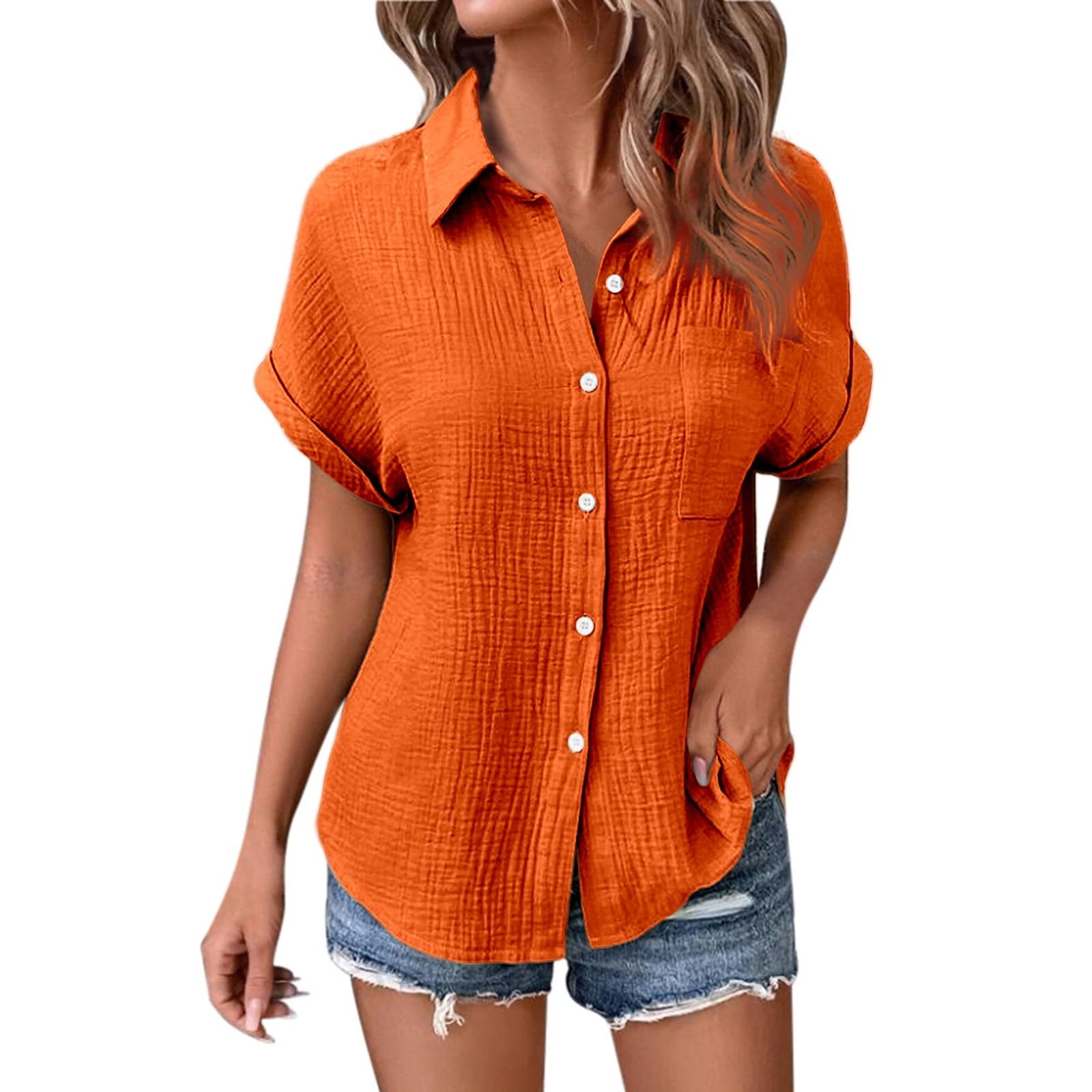 Camisas de lino con cuello y botones para mujer, estilo casual, de verano, a la moda, de gasa, de manga corta, color sólido, de lino, algodón, de gran tamaño, ajuste holgado, ropa de manga dolman