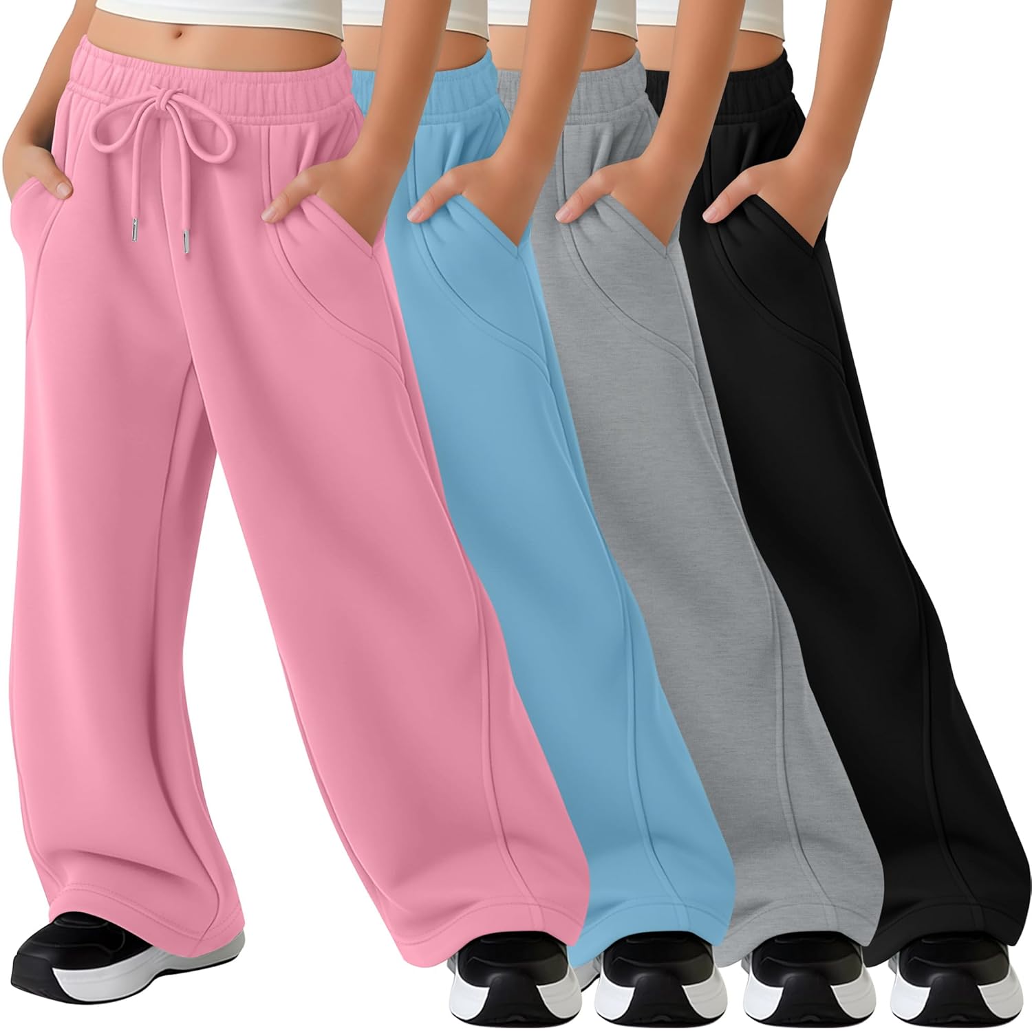 4 Pack Girls' Sweatpants Wide Leg Drawstring Baggy Pants Kids Elastic Waist High Waisted Joggers with Pockets 5-14Y