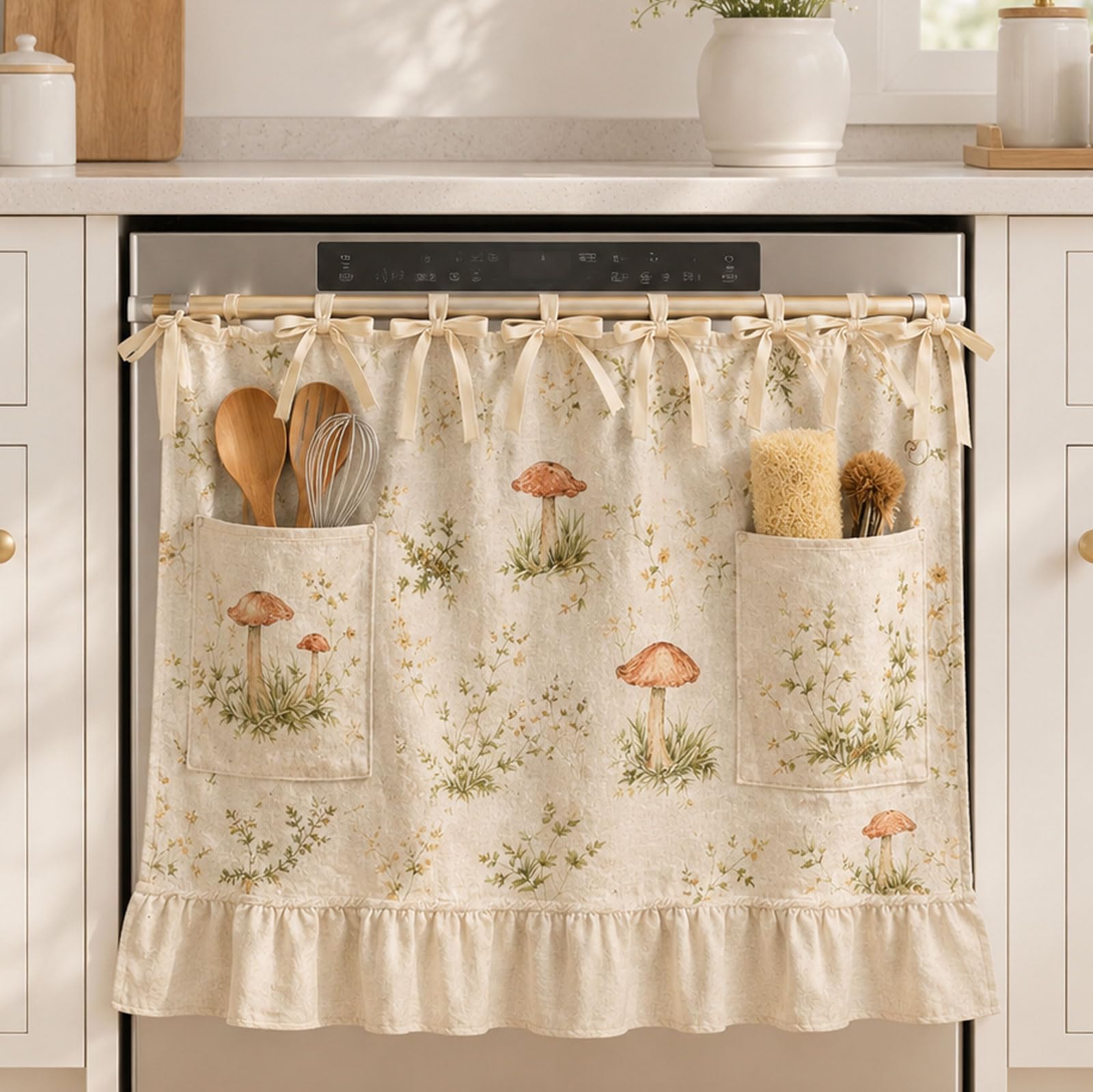 Gimifukim Handcrafted Oven Curtain for Kitchen, Country-Style Oven Apron with Pockets and Ruffled Hem, Modern Farmhouse Oven Skirt Curtain for Washing Machine and Oven Hideaway