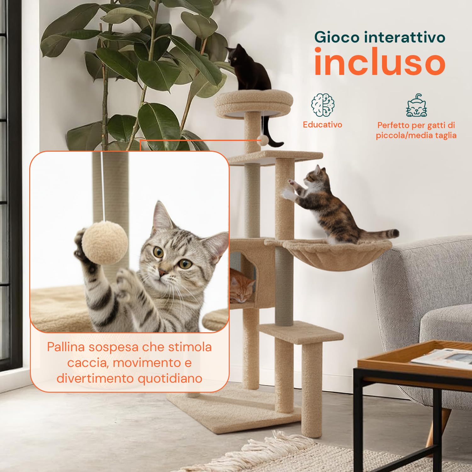 Avilia - Tiragraffi per Gatti 120 Cm Multilivello con Cuccia Chiusa e Amaca Laterale, Struttura con Colonne in Sisal e Giochi Pendente, Ideale per Uso Quotidiano in Casa (Beige)