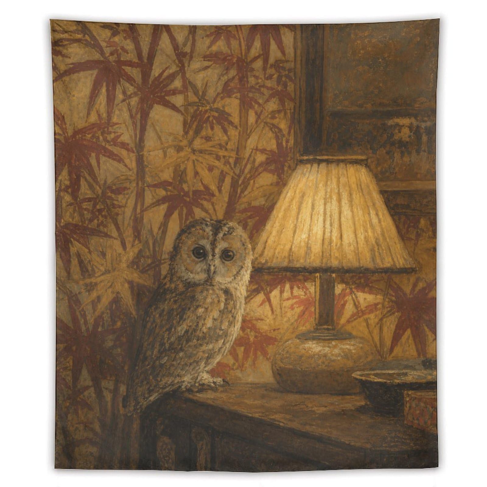 H3B8U2Y5 Owl by Lampshade Wall Tapestry, Realistic Illustration, Backdrop