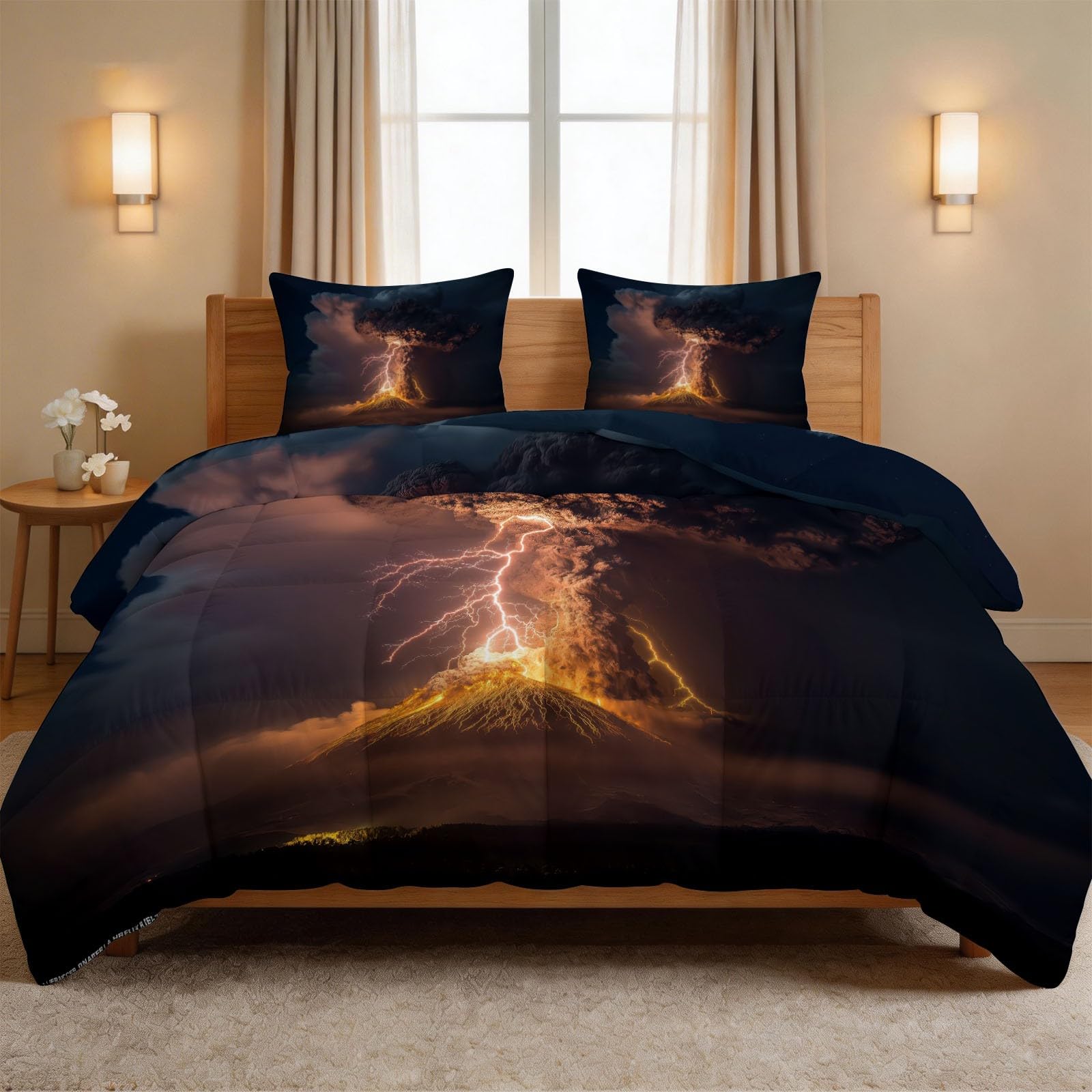 Générique Kołdra 200 x 200 cm, fantazyjna, fotografia natura, 3-częściowa, dwustronna, lekka, 4 pory roku, kołdra wulkanu z zamkiem błyskawicznym Magma, kołdra bez poszewek z 2 poszewkami na poduszki