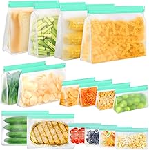 Reusable Food Storage Bags, 16 Pack BPA Free Food Grade Reusable Freezer Bags, Reusable Gallon Bags, Reusable Sandwich Bags, Silicone Food Bags Leakproof Resealable for Meat Fruit Veggies Snacks