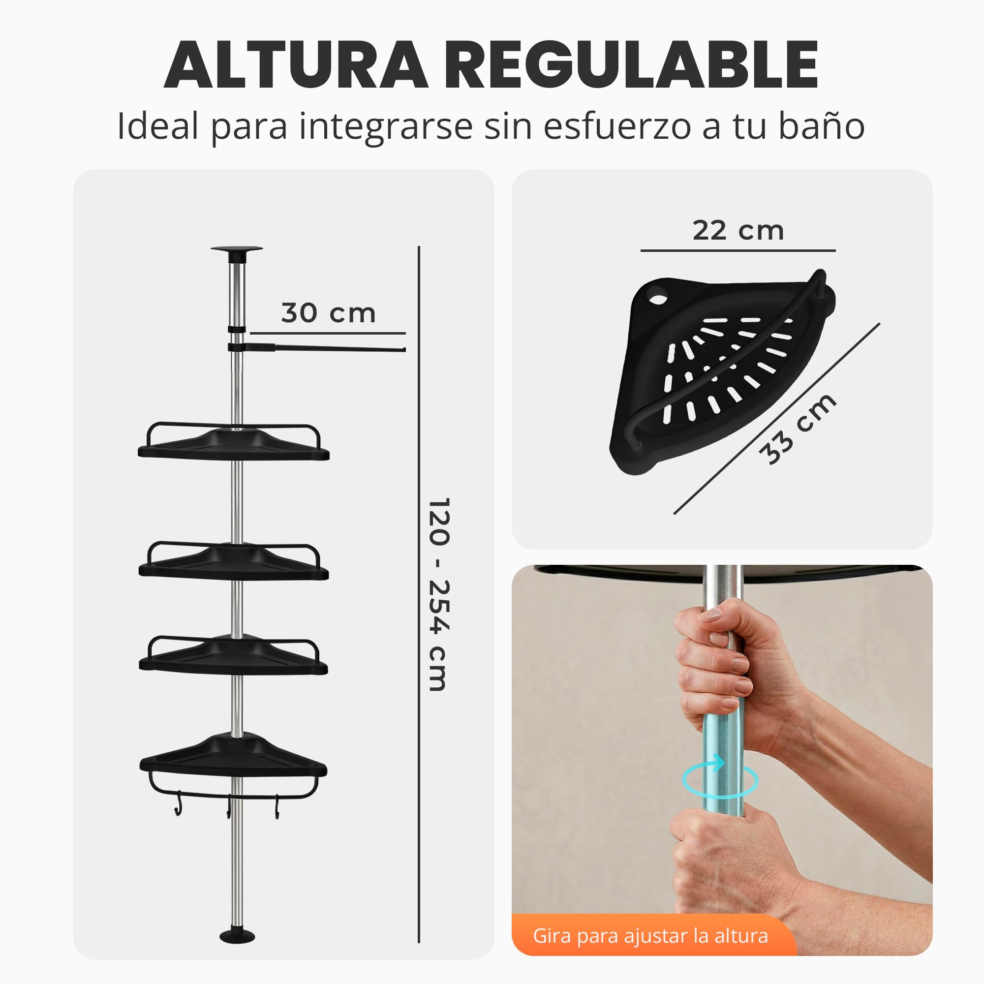 Estanteria Telescopica de Baño Altura Ajustable 254cm Esquinero Plástico Metal sin Taladro 4 Baldas Negro