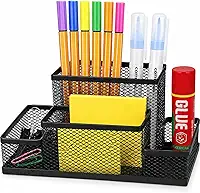 Organizador de Mesa Escritório Aramado Preto 4 Divisórias Porta Caneta Lápis Clips Home Office Suporte Material Escolar Metal Resistente Premium