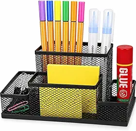 Organizador de Mesa Escritório Aramado Preto 4 Divisórias Porta Caneta Lápis Clips Home Office Suporte Material Escolar Metal Resistente Premium