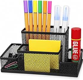Organizador de Mesa Escritório Aramado Preto 4 Divisórias Porta Caneta Lápis Clips Home Office Suporte Material Escolar Metal Resistente Premium