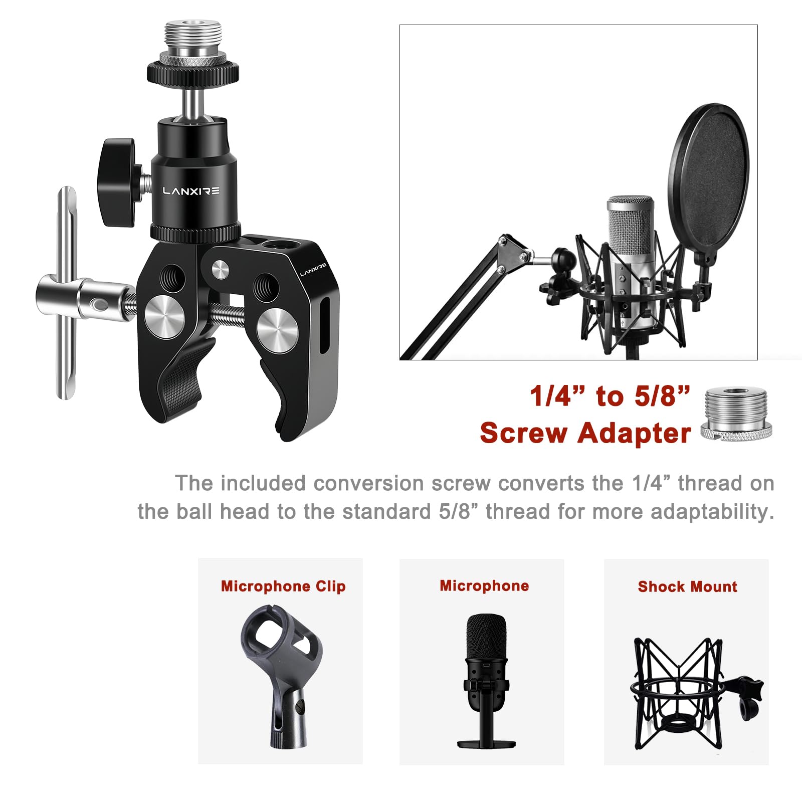 Super Klemmhalterung mit Mini-Kugelkopf-Adapter und 1/4-Zoll-Buchse auf 5/8-Zoll-Außengewinde-Adapter für Mikrofon, LCD-Feldmonitor, Blitzlicht LED-Lichter etc