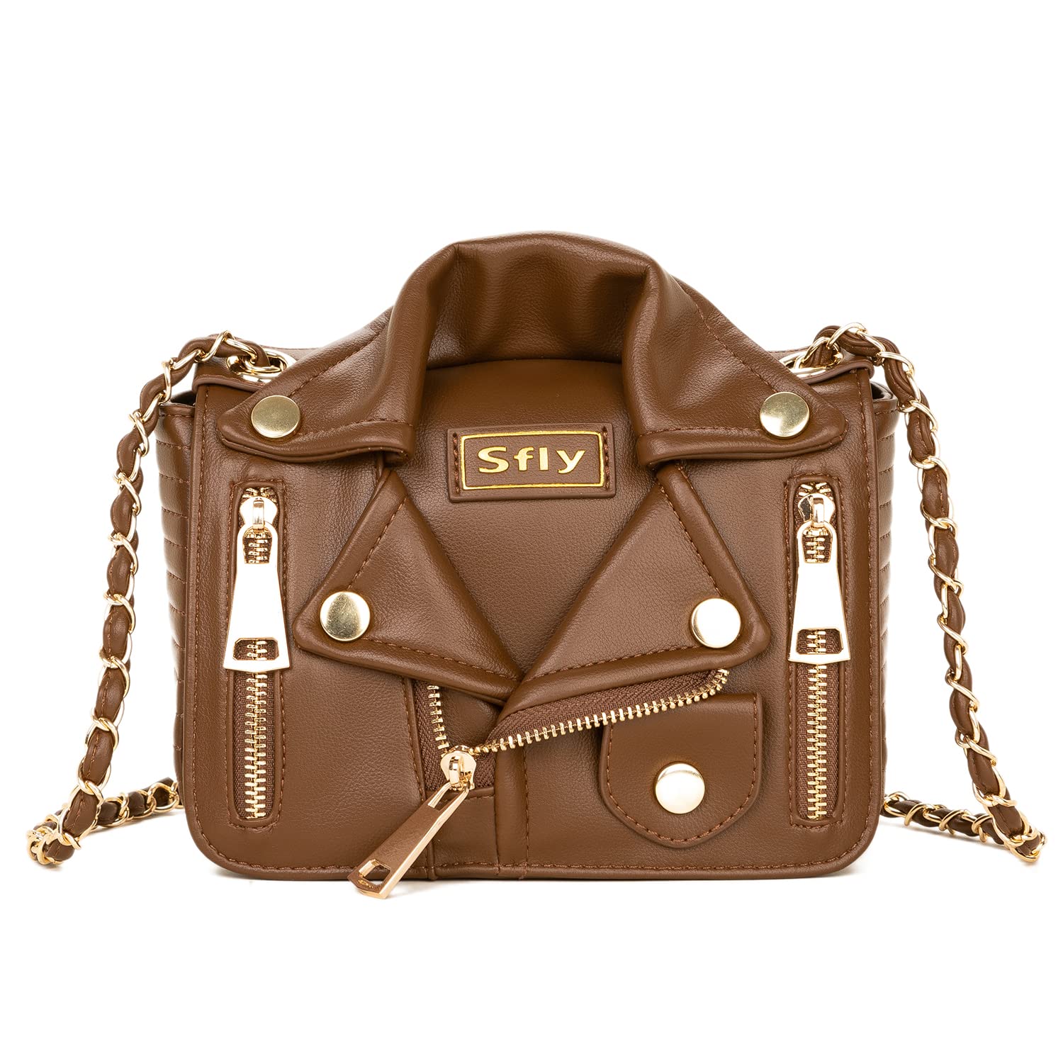 Sfly - Bolso bandolera de piel con cadena, tipo cartera, de mano, de noche, original, con forma de chaqueta, para mujer., A-Marrón, Medium