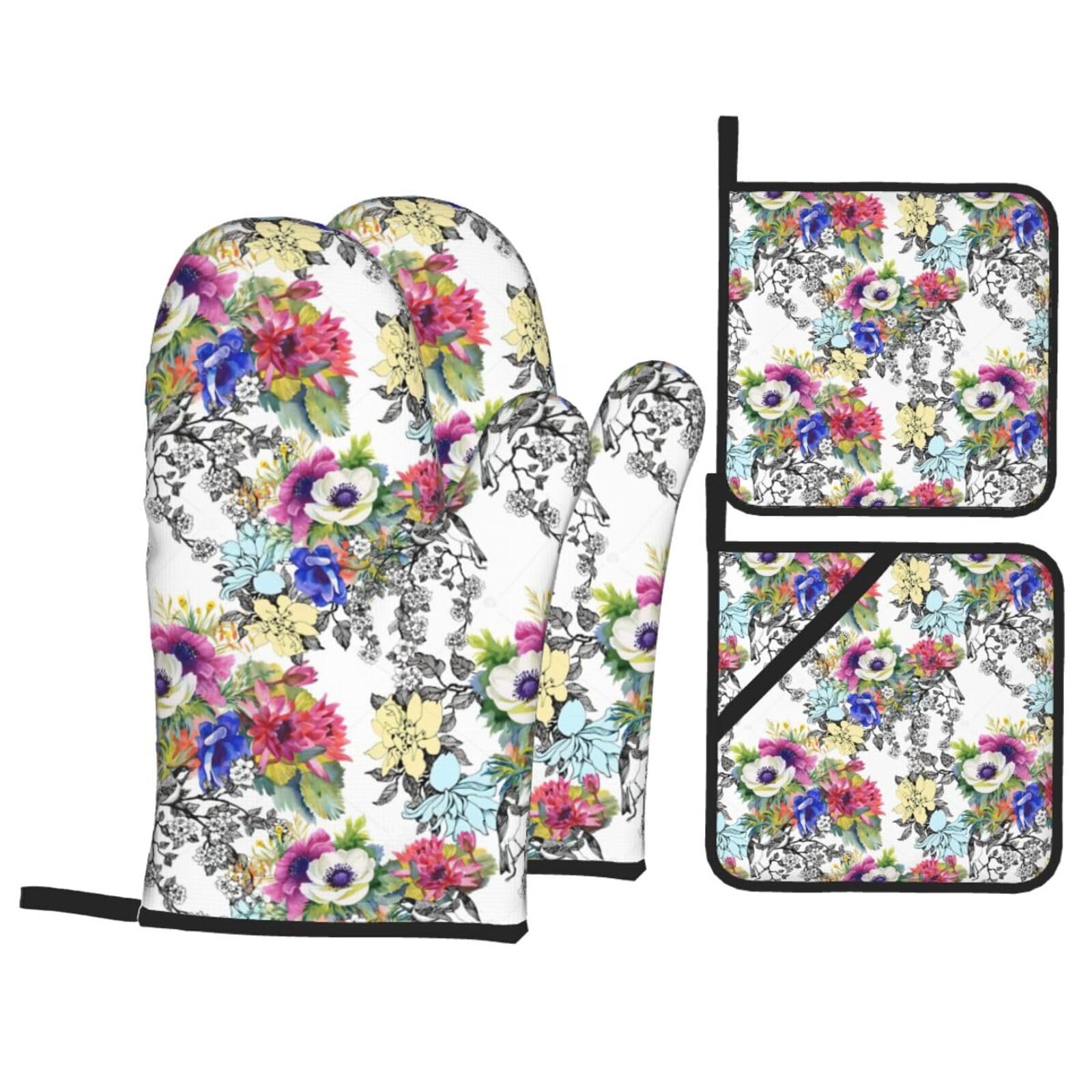 Garden Blossoming Wildflowers Birds Leaves Branches Print 4-Piece Oven Microwaving Set Waterproof Kitchen Gloves for Baking Grilling Cooking