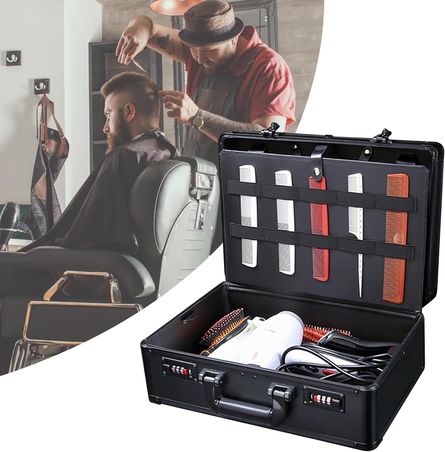 Barber Stylist Suitcase, Large Barber Beauty Salon Tool Kits Storage with Code Lock, Portable Travel Barber Suitcase for Hair Stylist Pet Groomer Beauty Salon Makeup Artist (Black/Gold) (Black)