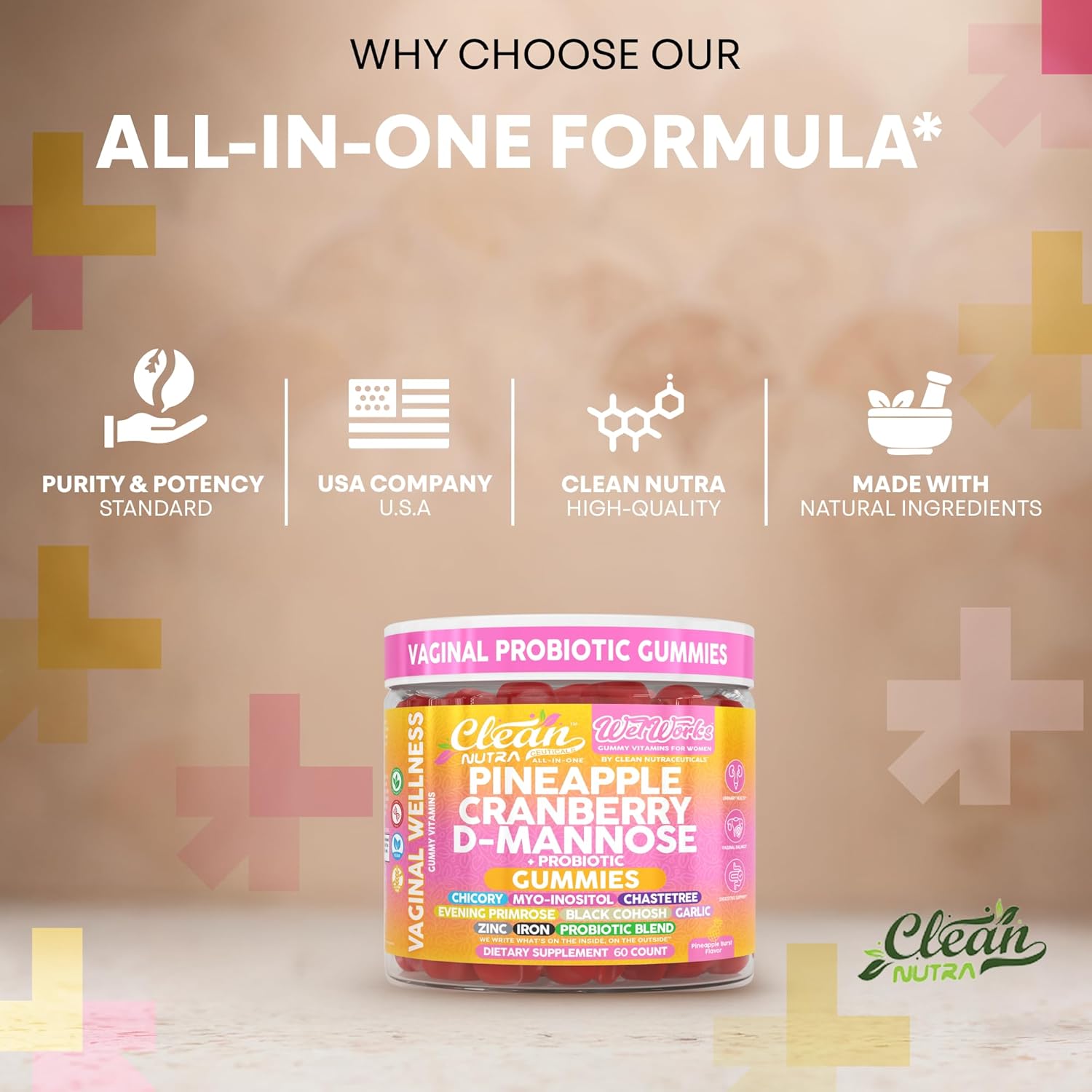 Wet Works Women's Vaginal Probiotic Gummies Pineapple Cranberry Folic Acid D-Mannose Vitamin C Chicory Myo Inositol Garlic Black Cohosh Zinc Iron Evening Primrose Chastetree 60 Count by Clean Nutra - Image 8