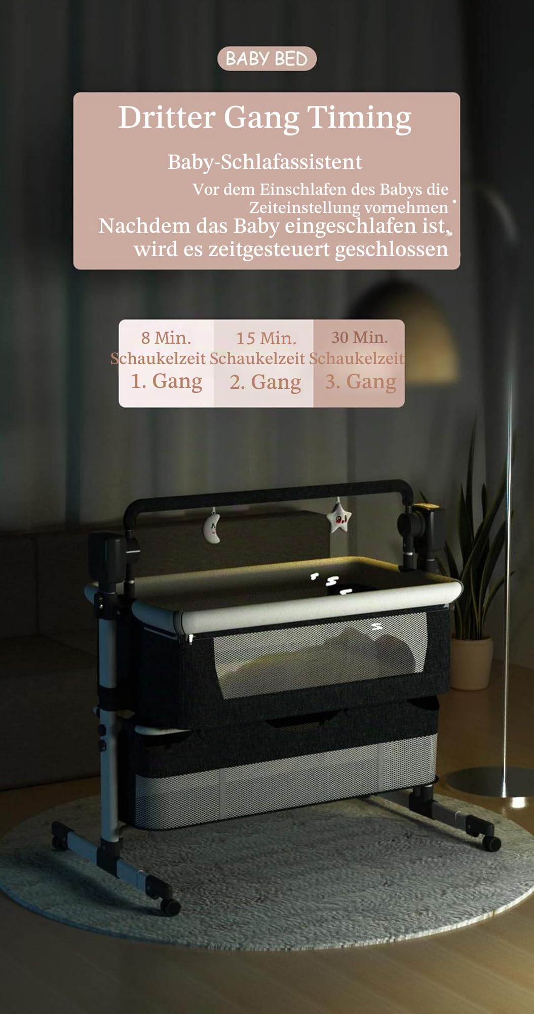 Magic ZC Elektrische Bluetooth Intelligent Beistellbett Baby mit Rollen, Faltbar Co-Sleeping Babybett, Fernbedienung und 5-schwankende Zahnräder, Stubenwagen Kleinkind Wiege mit Musik (601 Grey)