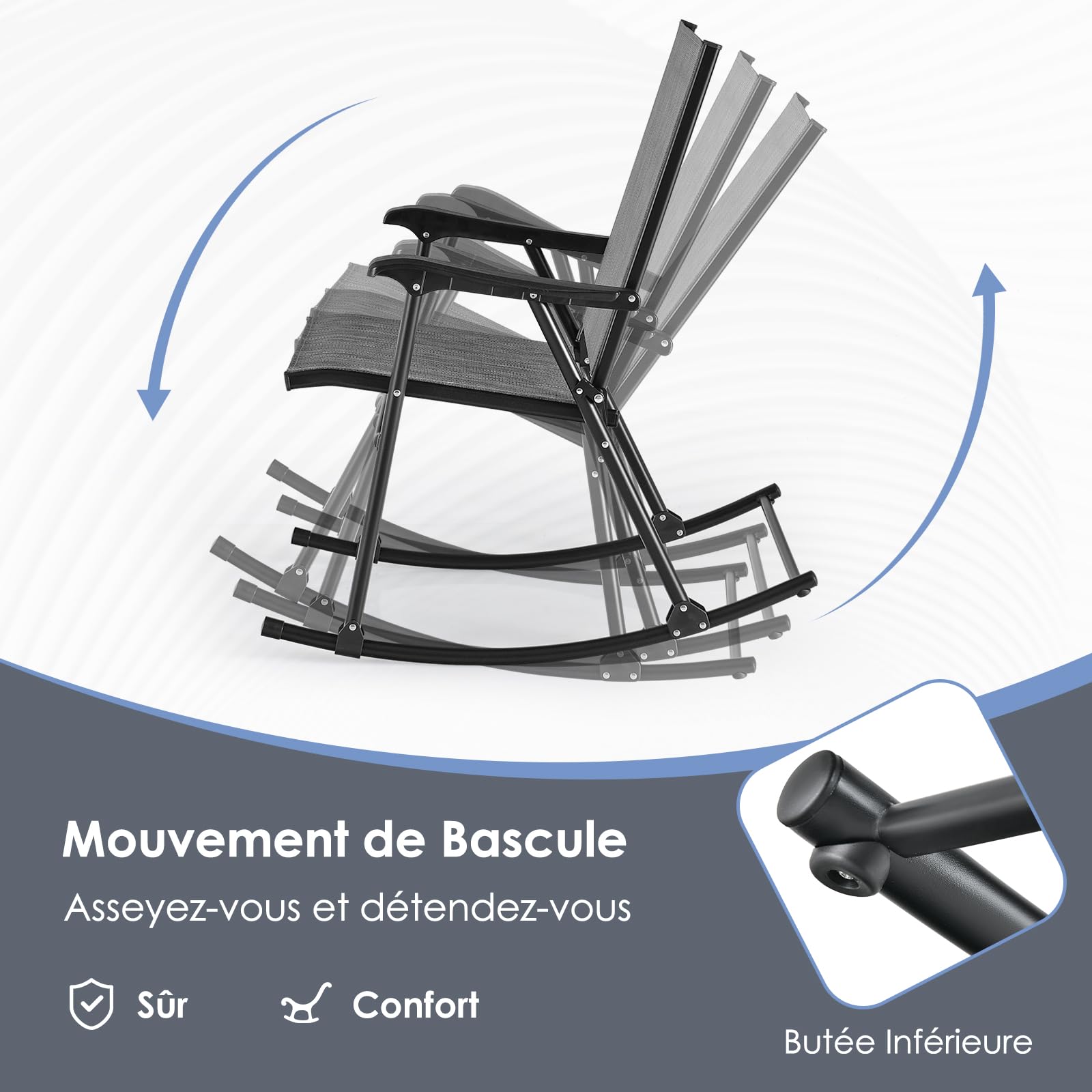 GOPLUS Lot de 2 Fauteuil Jardin Exterieur à Bascule Pliantes, 82 x 64 x 91 CM, Rocking Chair en Tissu Respirant, avec Dossier, Accoudoirs et Repose-Pieds, Charge 150KG, pour Camping, Terrasse, Jardin