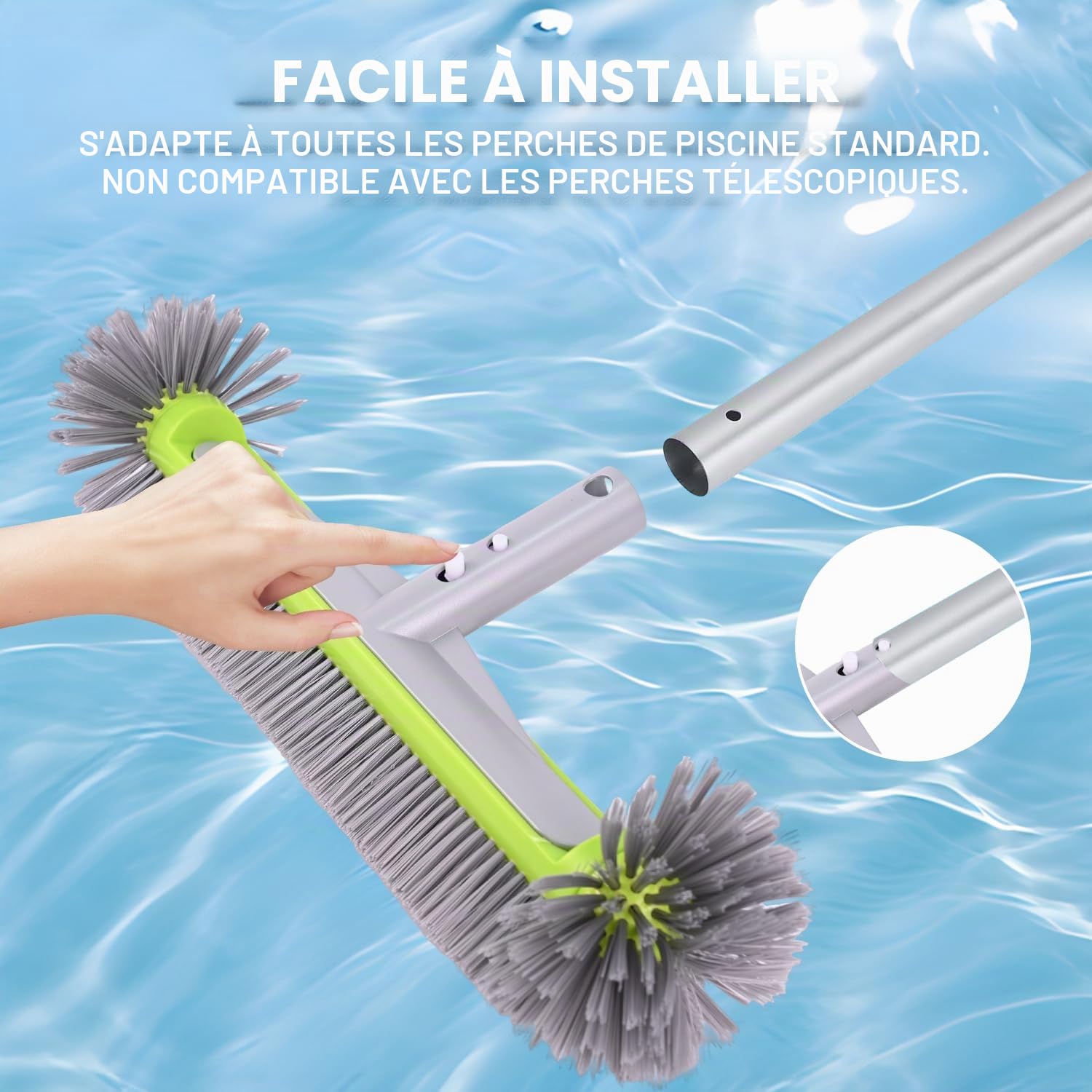 Tête de Brosse de Piscine 45cm Balai Piscine Brosses Poils Robustes Manche Aluminium Hémisphérique Mur Sol
