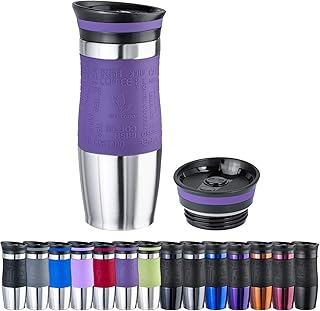 WELLGRO Vaso térmico de 400 ml + 1 tapa extra – Acero inoxidable – Mango de silicona suave al tacto – libre de BPA – Vaso térmico de doble pared – Travel Mug – Taza de café para llevar – Color: Lila