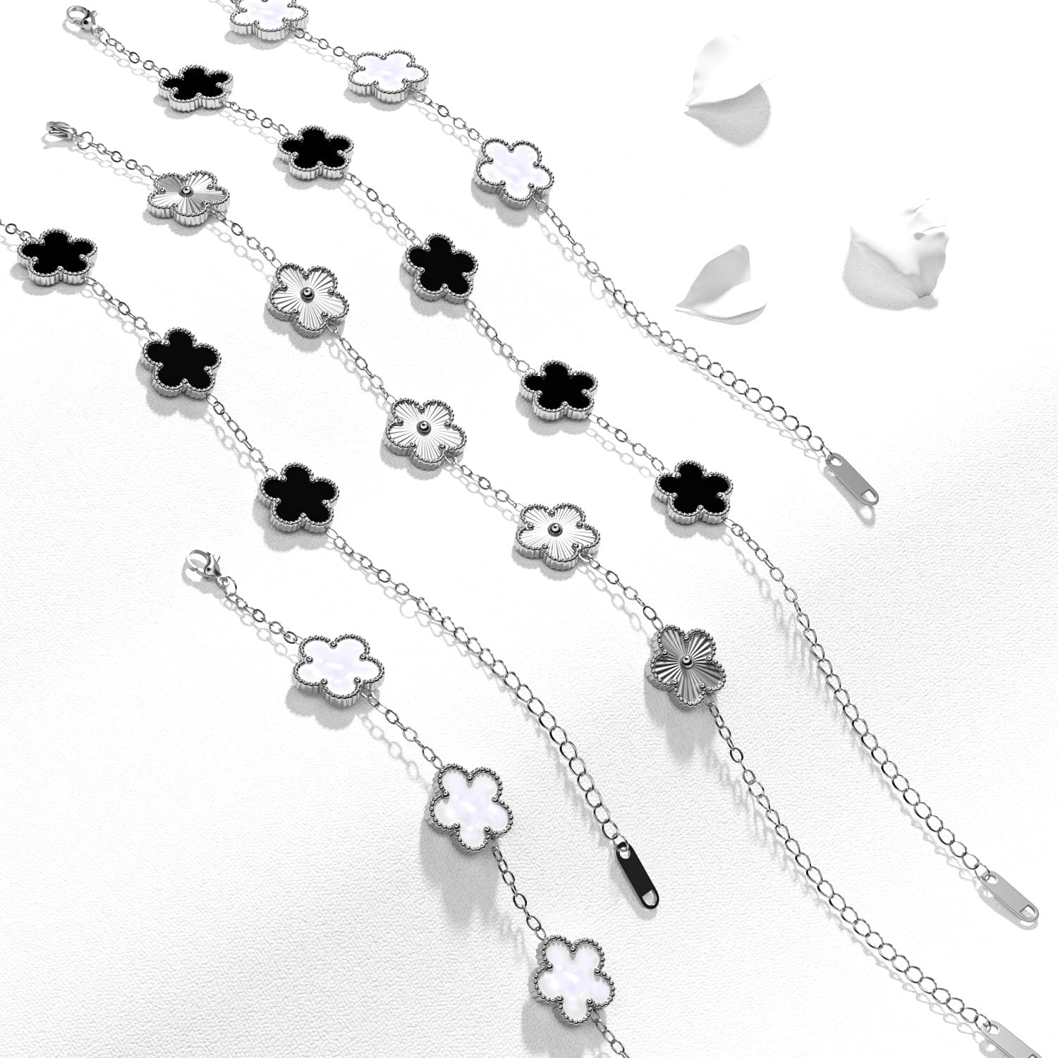 AICase 18K Gold Plated Clover Bracelet Dupes White/Black/Silver Bracelet Set for Women Flower Leaf Lucky Clover Bracelets Trendy Jewelry Birthday Gifts for Women/MoM/Daughter/Nana/Besties/Friends - Image 5