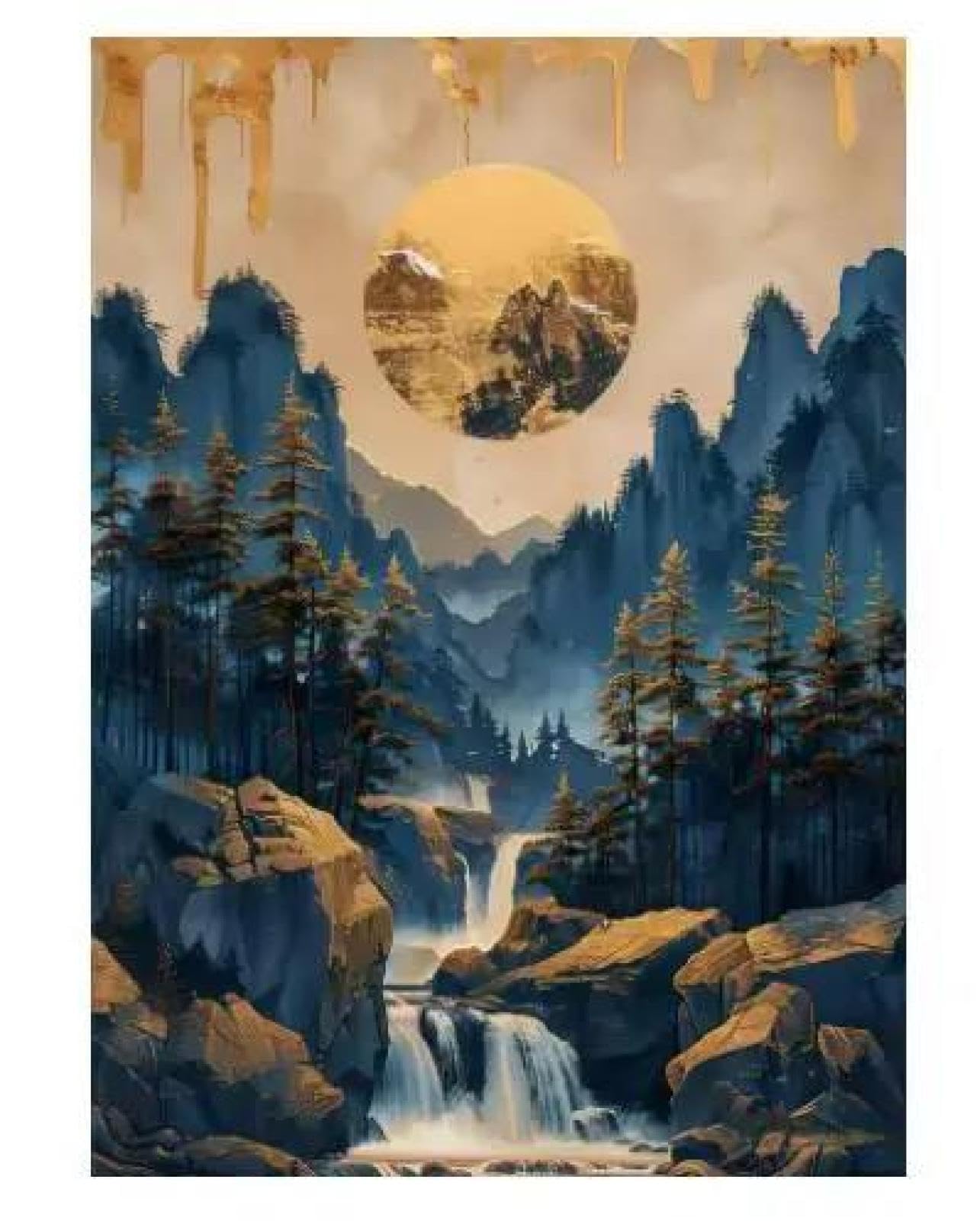 Baibexing Golden Moon Pine Tree Waterfall Nature Mountain Forest Poster Print Canvas Painting Wall Art Picture Living Room Home Decor A6 21X30Cm Unframed