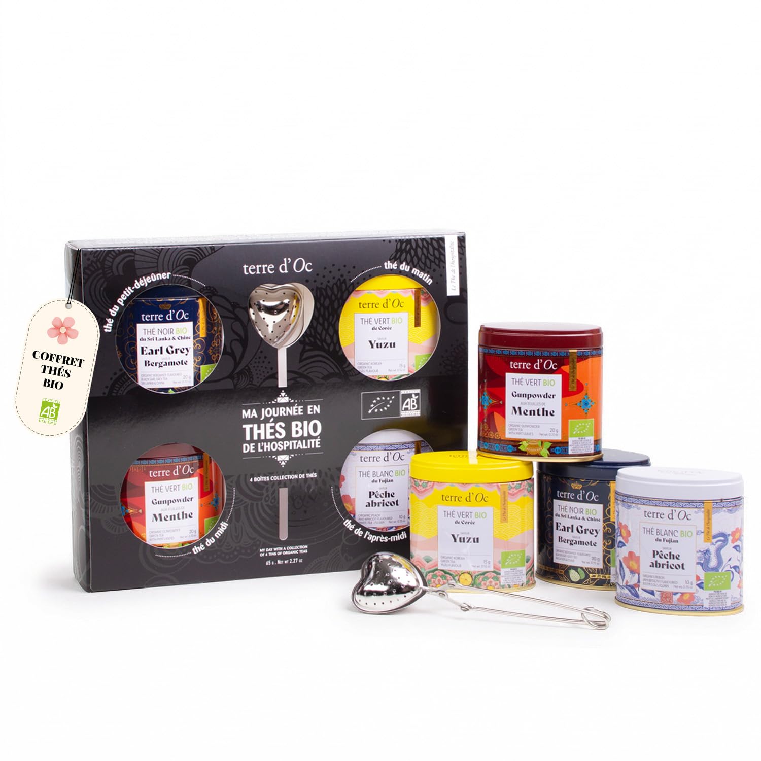 Terre d'Oc - Coffret 4 Thés Bio Ma Journée en Thé + 1 Cuillère Filtre à Thé - Thés Verts, Noirs & Blancs en Vrac - Idée Cadeau Homme et Femme - 65g