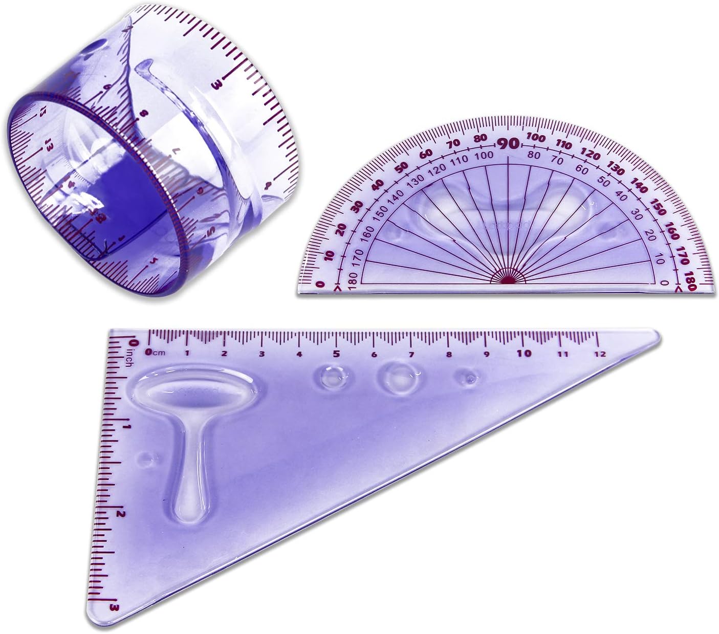Flexible Ruler 6-Inch, 180 Degree Protractor, Triangle, 3 in 1 Pack Shatterproof Ruler, Soft Clear Plastic, Inches and Metric for Office or School, Purple by Larkpad