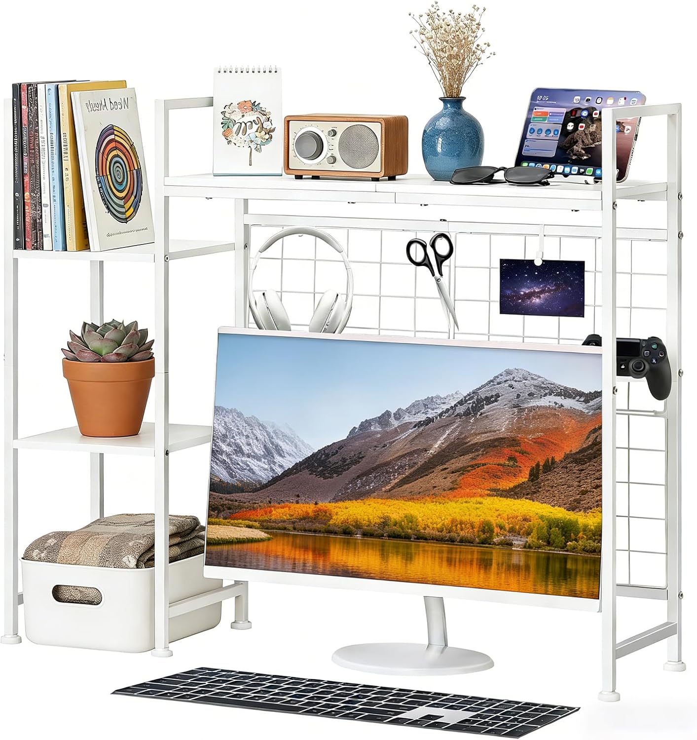 Desktop Bookshelf for Computer, 37.4" L Desk Hutch for Computer Monitor, Multipurpose 3-Tier Desktop Shelves, Wood Desk Shelf Storage Rack, White