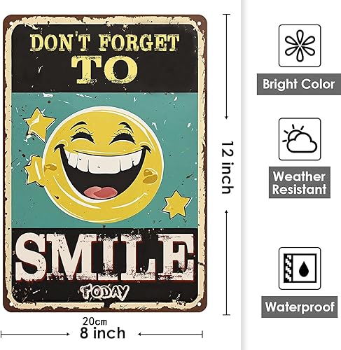 Miniatura 6 de Letrero de metal vintage retro para baño, estudio, entrada, sala de estar y bar, gran regalo para amigos, 12 x 8 pulgadas (sonrisa)