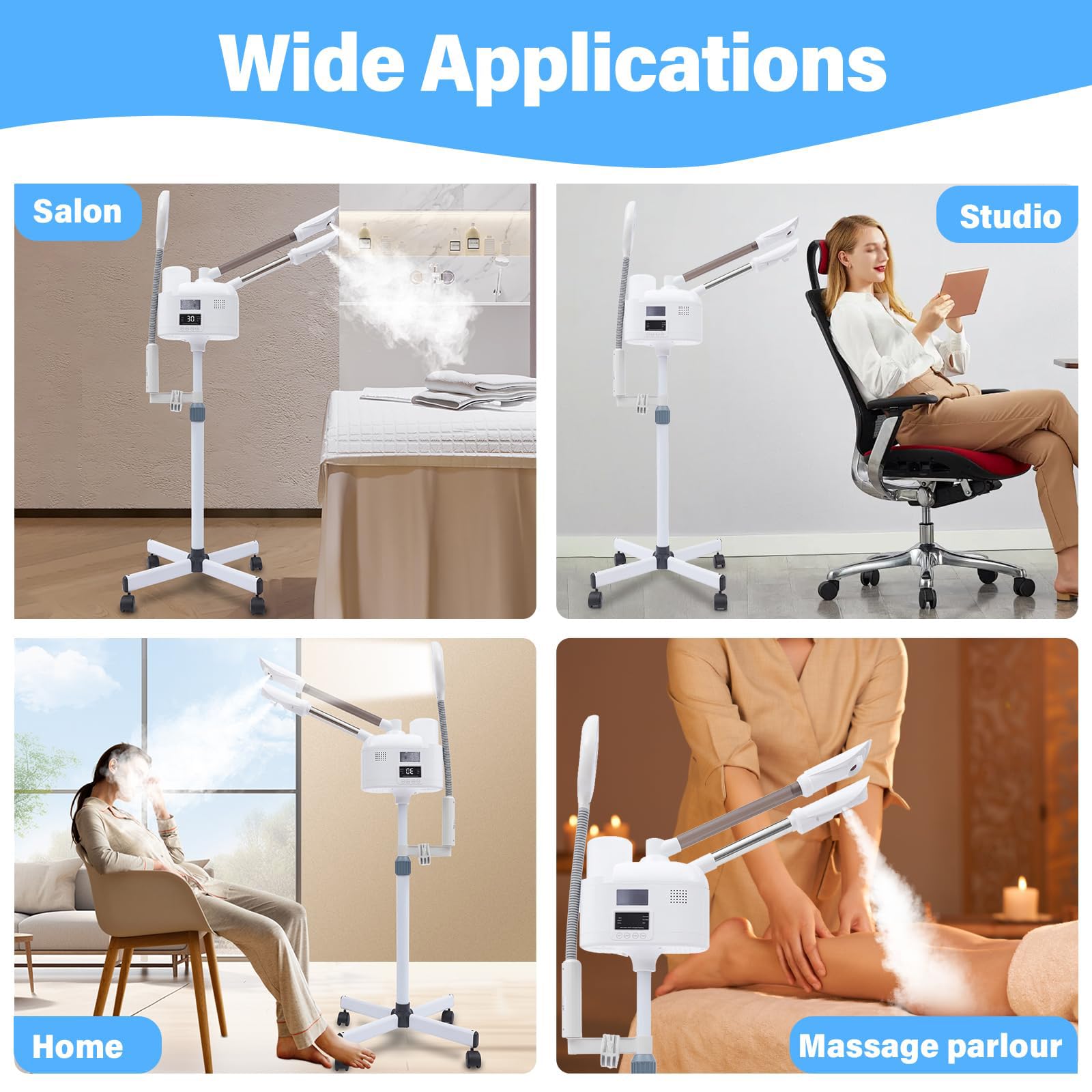 Vaporizador facial 3 en 1, vaporizador facial cosmético, limpiador de poros con boquilla caliente y fría, lámpara LED y lupas, altura y ángulo ajustables, para spa, salón y hogar
