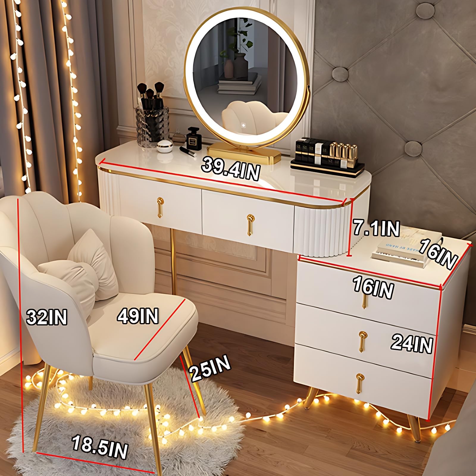 Nowoczesny zestaw kosmetyczny z lustrem i szufladami - stół do makijażu z litego drewna i taboret nie wymaga instalacji Stylowy czarno-biały design 90 cali do domu i sypialni