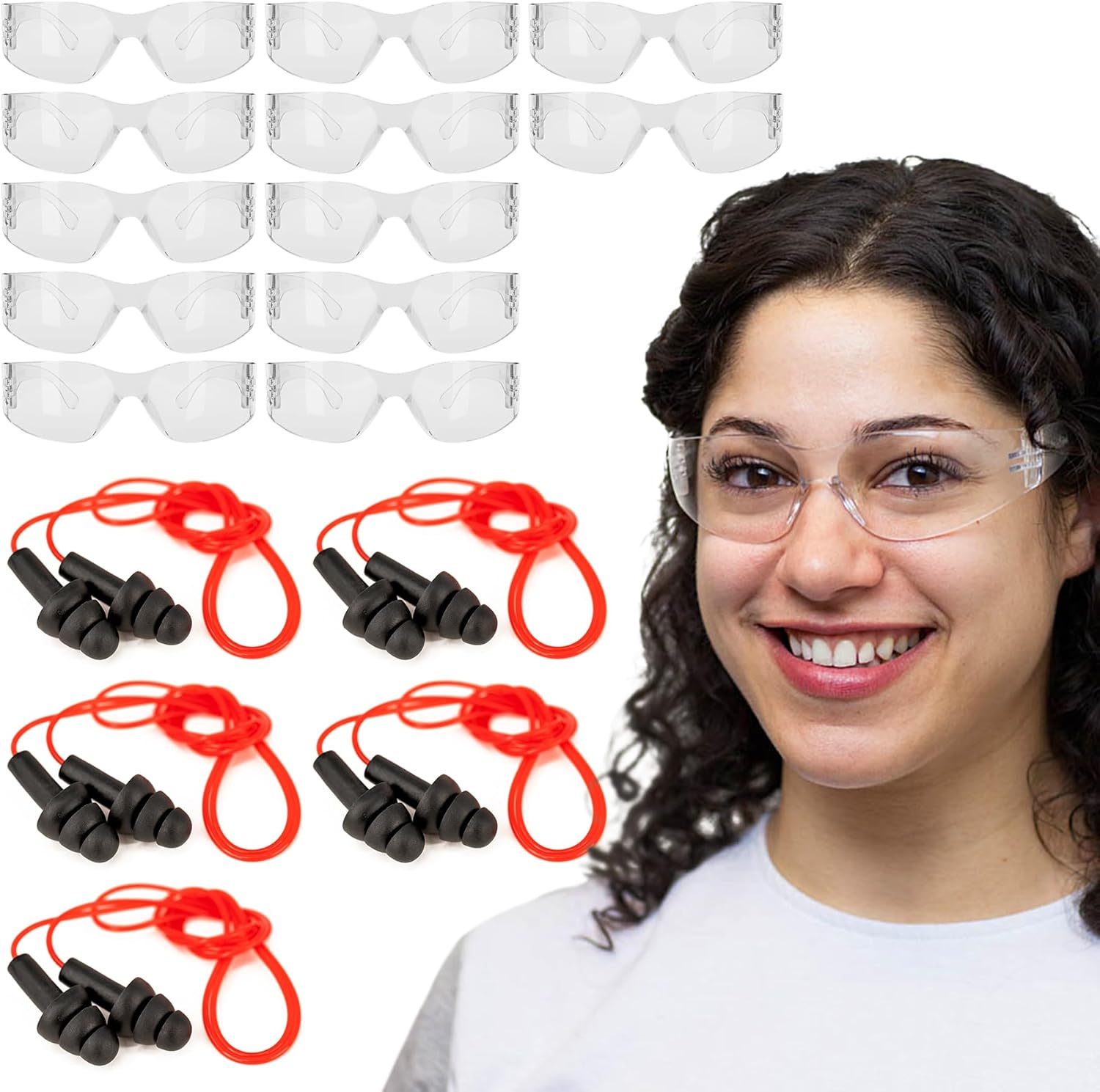 BISON LIFE 12 Pairs Clear Safety Glasses + 5 Pairs CovertX Corded Ear Plugs – Complete Eye and Ear Protection Combo