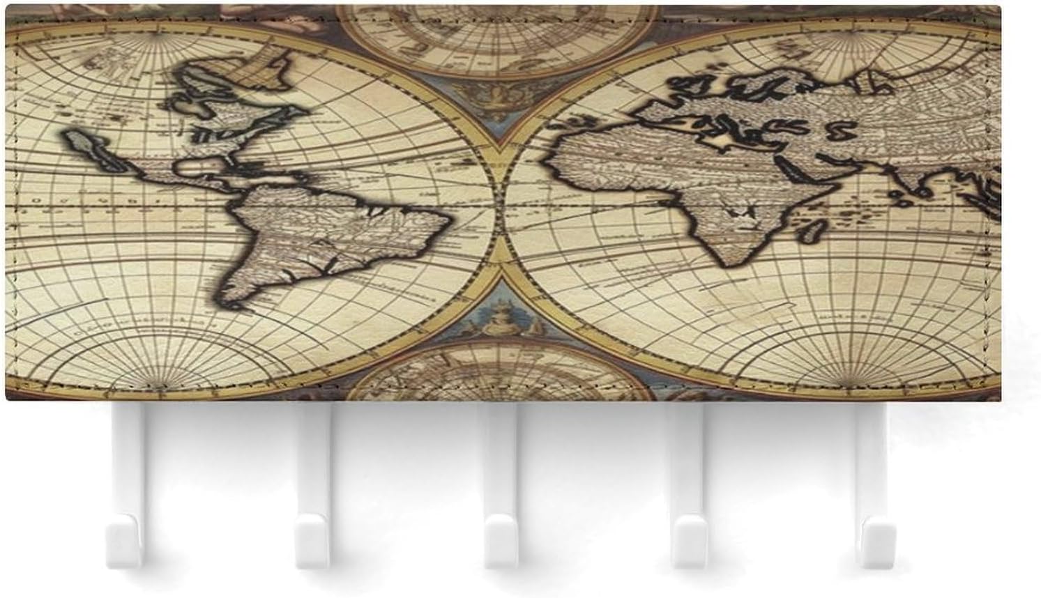 Ancient Map World Globe Key Holder Wall with 5 Hooks Wall-Mounted PU Leather Key Hanger Easy Installation Key Rack for Entryway Front Door Hallway and Home Decor